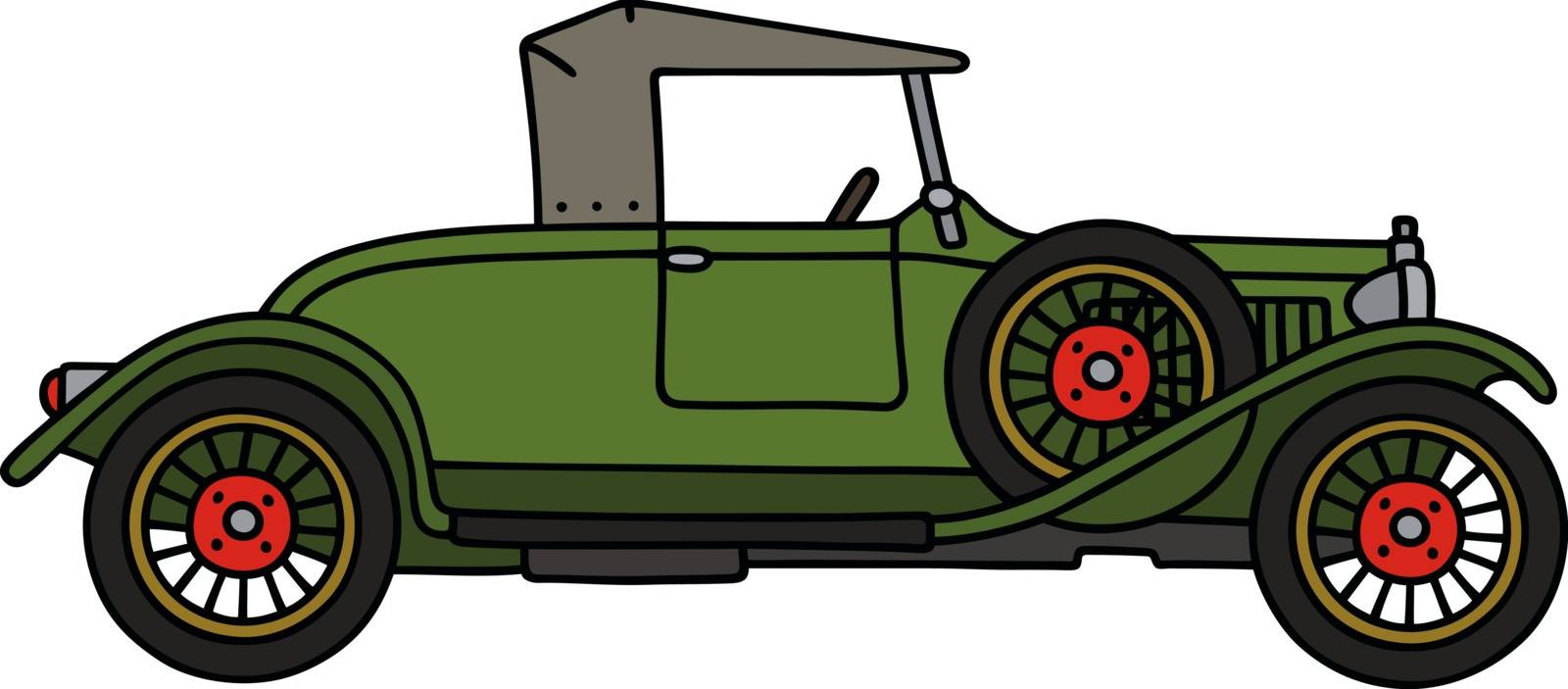 The vectorized hand drawing of a vintage green convertible