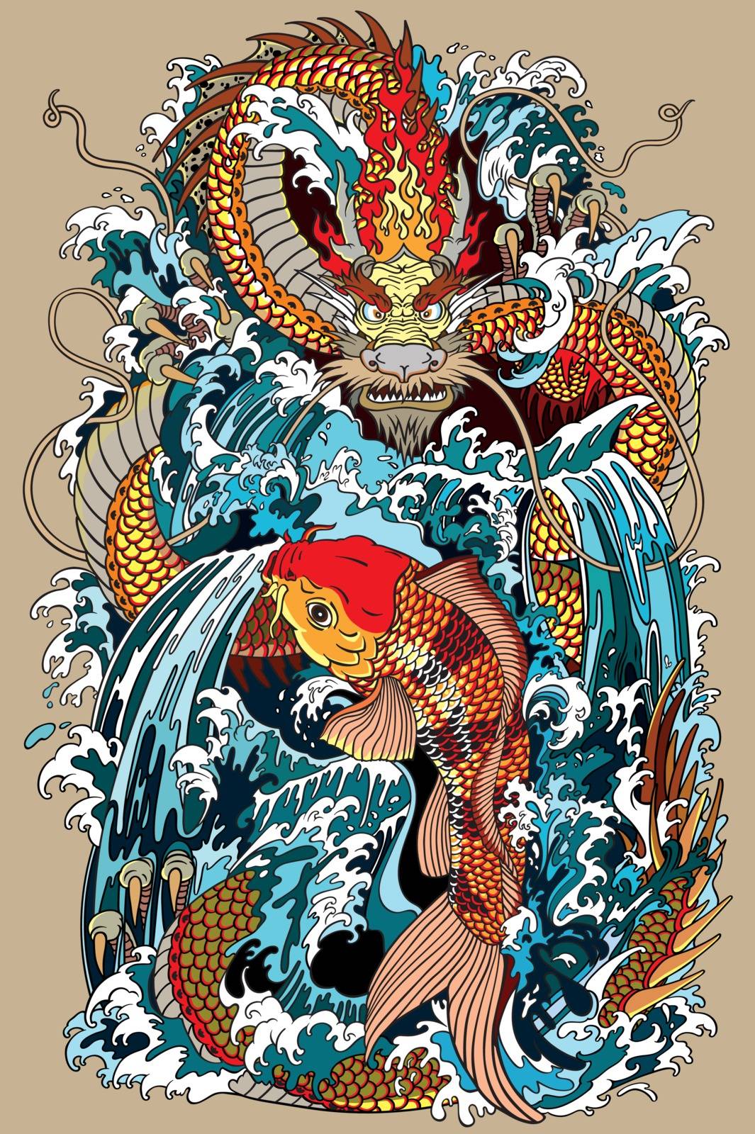 golden dragon and koi carp fish which is trying to reach the top of the waterfall. Tattoo style vector illustration according to ancient Chinese and Japanese myth