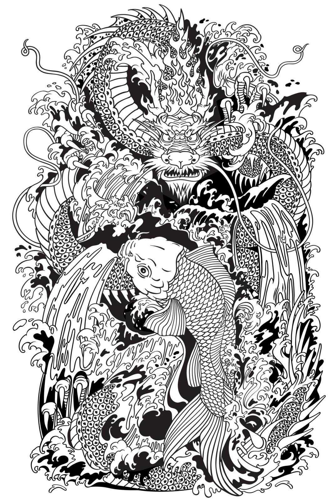 Asian dragon and koi carp fish which is trying to reach the top of the waterfall. Black and white tattoo style vector illustration according to ancient Chinese and Japanese myth