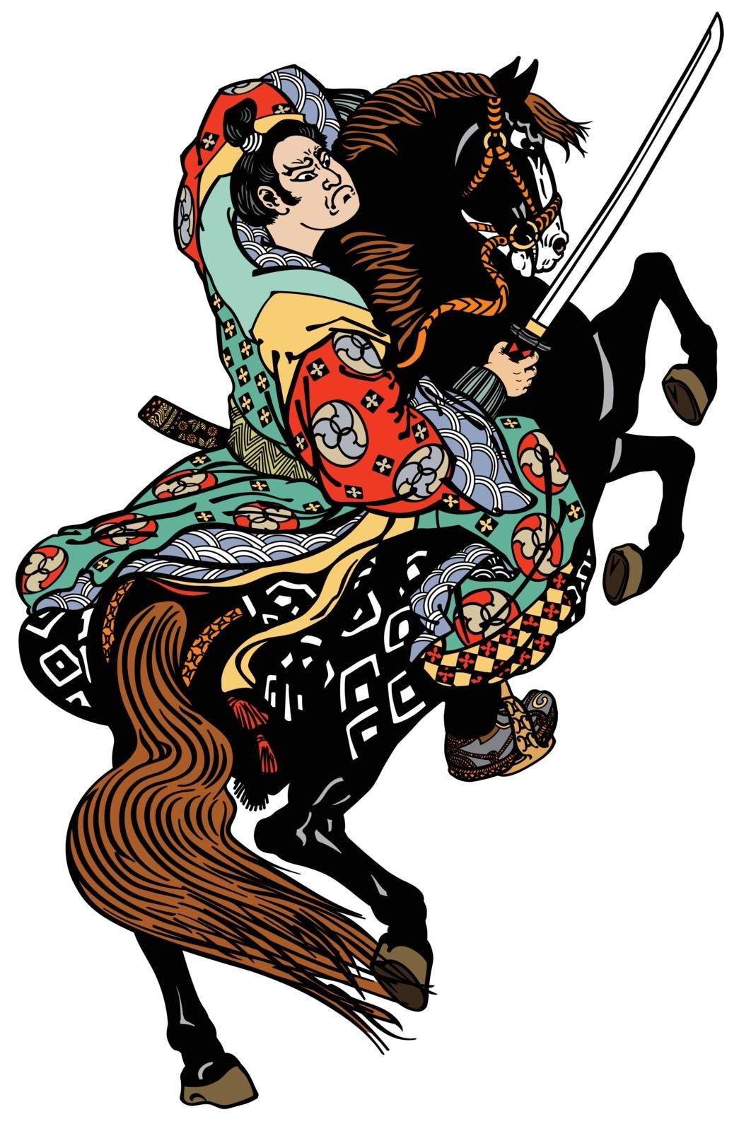 Japanese noble samurai horseman sitting on a rearing pony horse and holding a sword . Graphic style vector illustration
