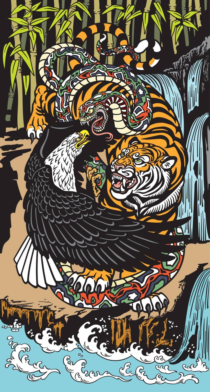 tiger eagle and snake fighting. Wild symbolic animals in a landscape. Graphic style vector illustration