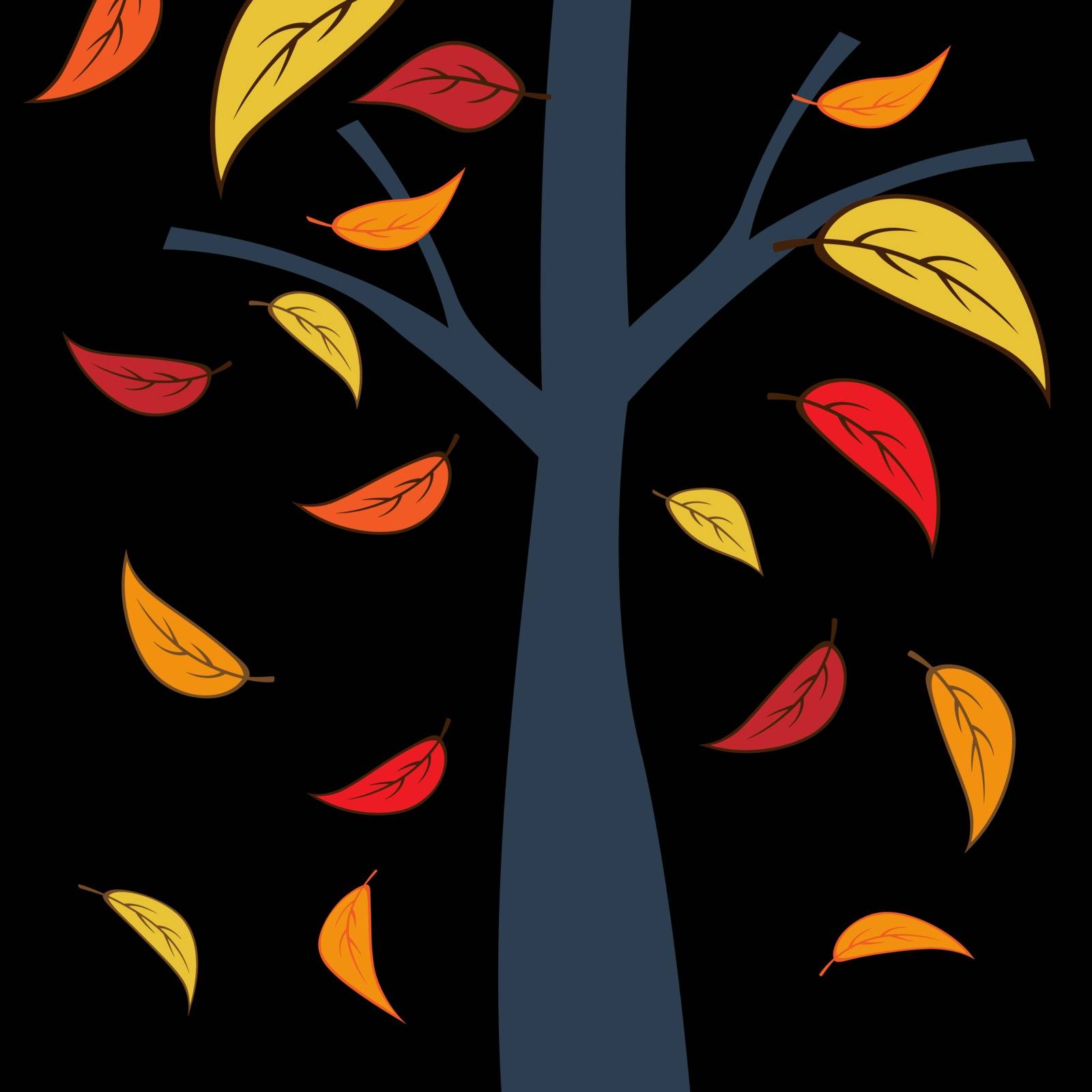 Tree silhouette and falling leaves in the dark of autumn night. Vector Illustration.
