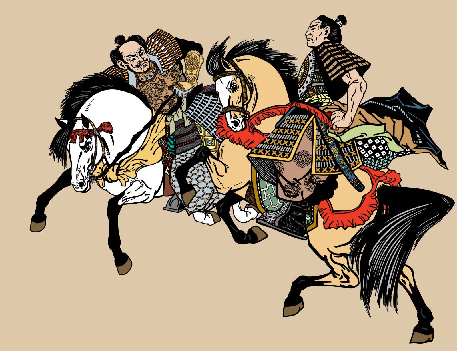 two Japanese Samurai horsemen sitting on horseback and wearing medieval leather armor. East Asia warriors riding pony horses in the gallop. Graphic style vector illustration