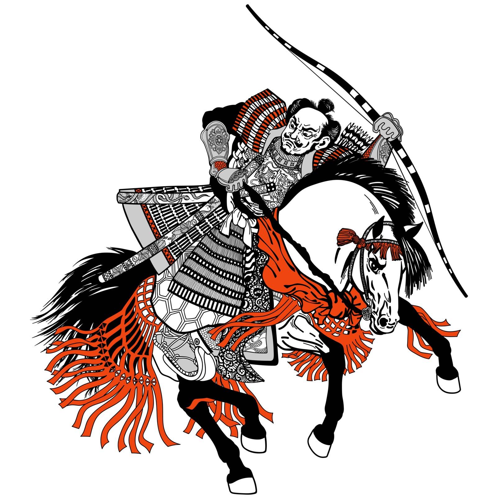 Asian warrior archer. Japanese Samurai horseman sitting on horseback, wearing medieval leather armor and holding a bow. Medieval East Asia soldier riding pony horse in the gallop. Black Grey Red vector