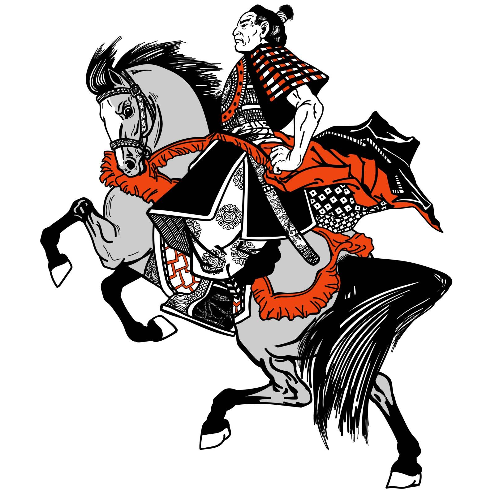 Asian cavalry warrior. Japanese Samurai horseman sitting on horseback, wearing medieval leather armor. Medieval East Asia soldier riding a pony horse in the gallop. Side view. Black grey and red vector illustration in graphic style