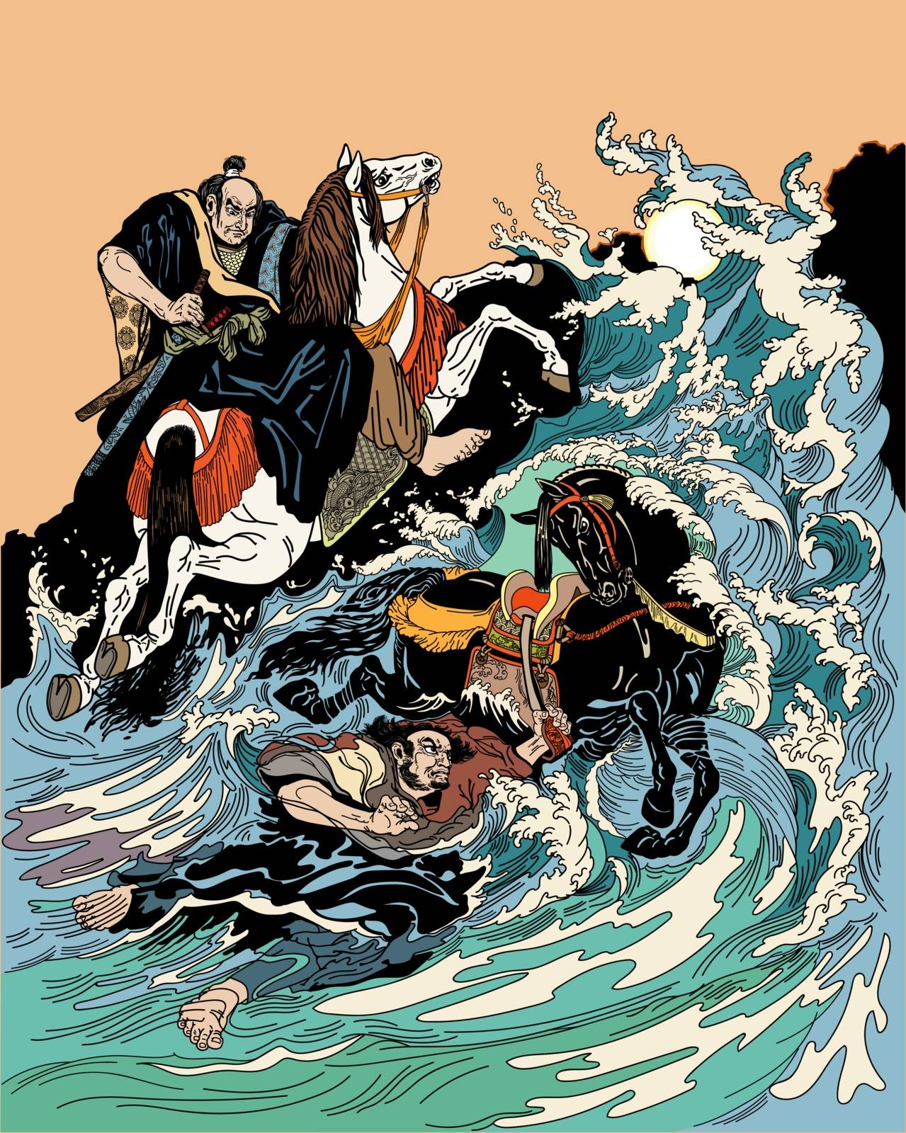 Two samurai horsemen crossing a stormy sea. One warrior with a black horse swimming in the water, another man rider on land riding a white horse. Graphic style vector illustration