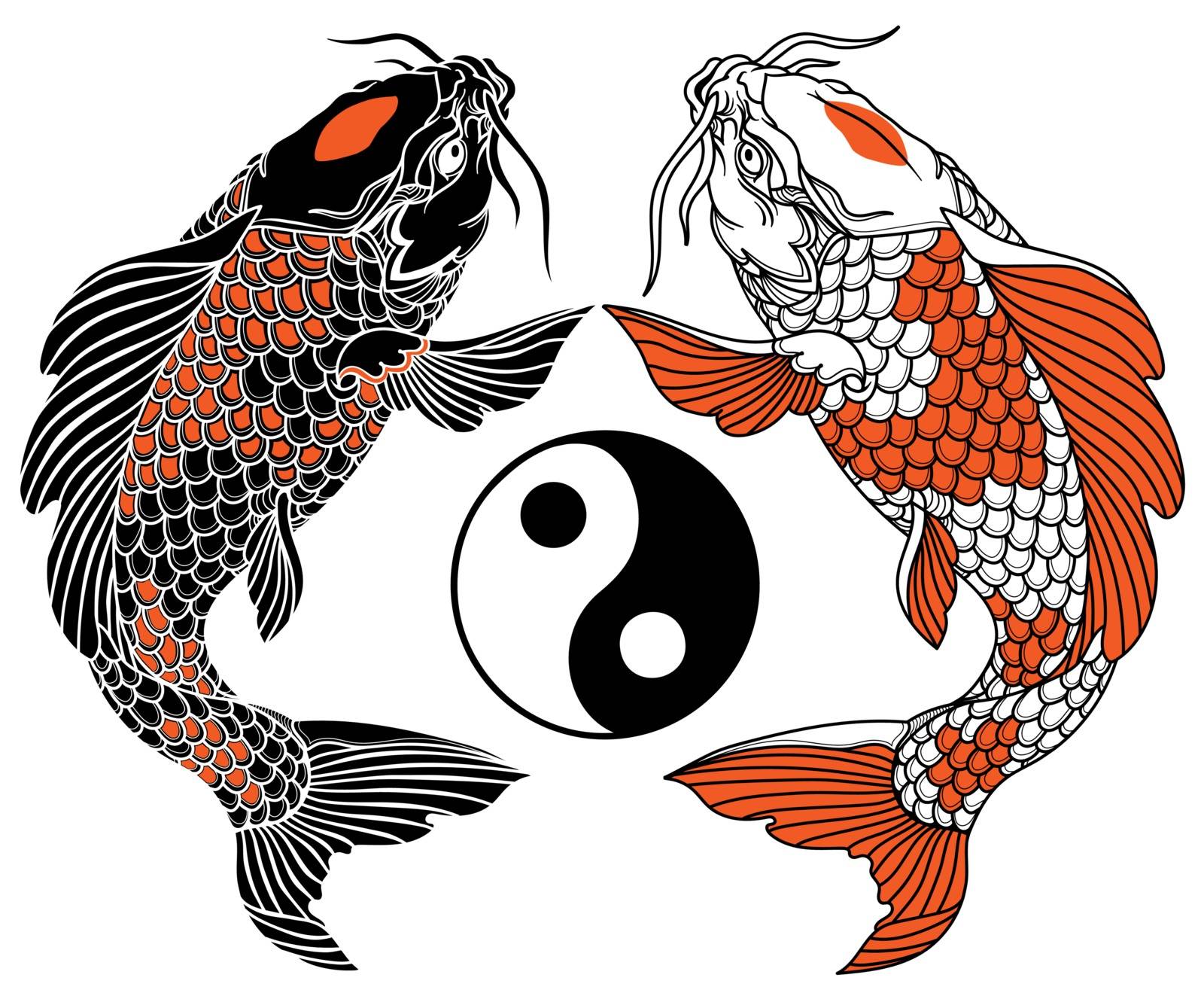 two koi carp fishes and the circle of yin yang symbol. Tattoo. Black Red and white vector illustration