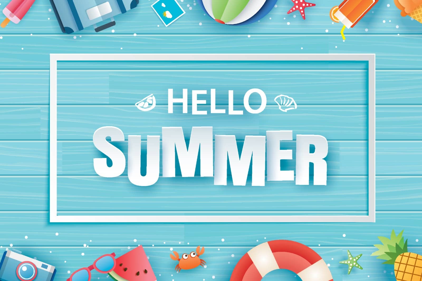 Hello summer with decoration origami on blue wooden background. Paper art and craft style.