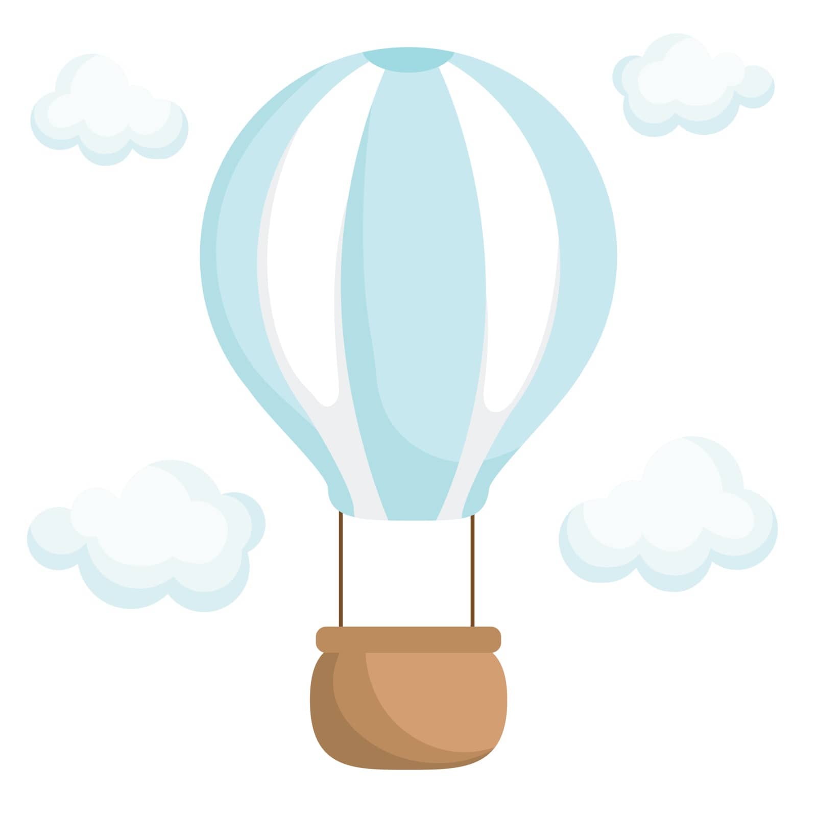 Turquoise striped hot air-balloon with brown basket with white clouds for design of album, scrapbook, card and invitation. Flat cartoon colorful vector illustration isolated on white background. by Melnyk