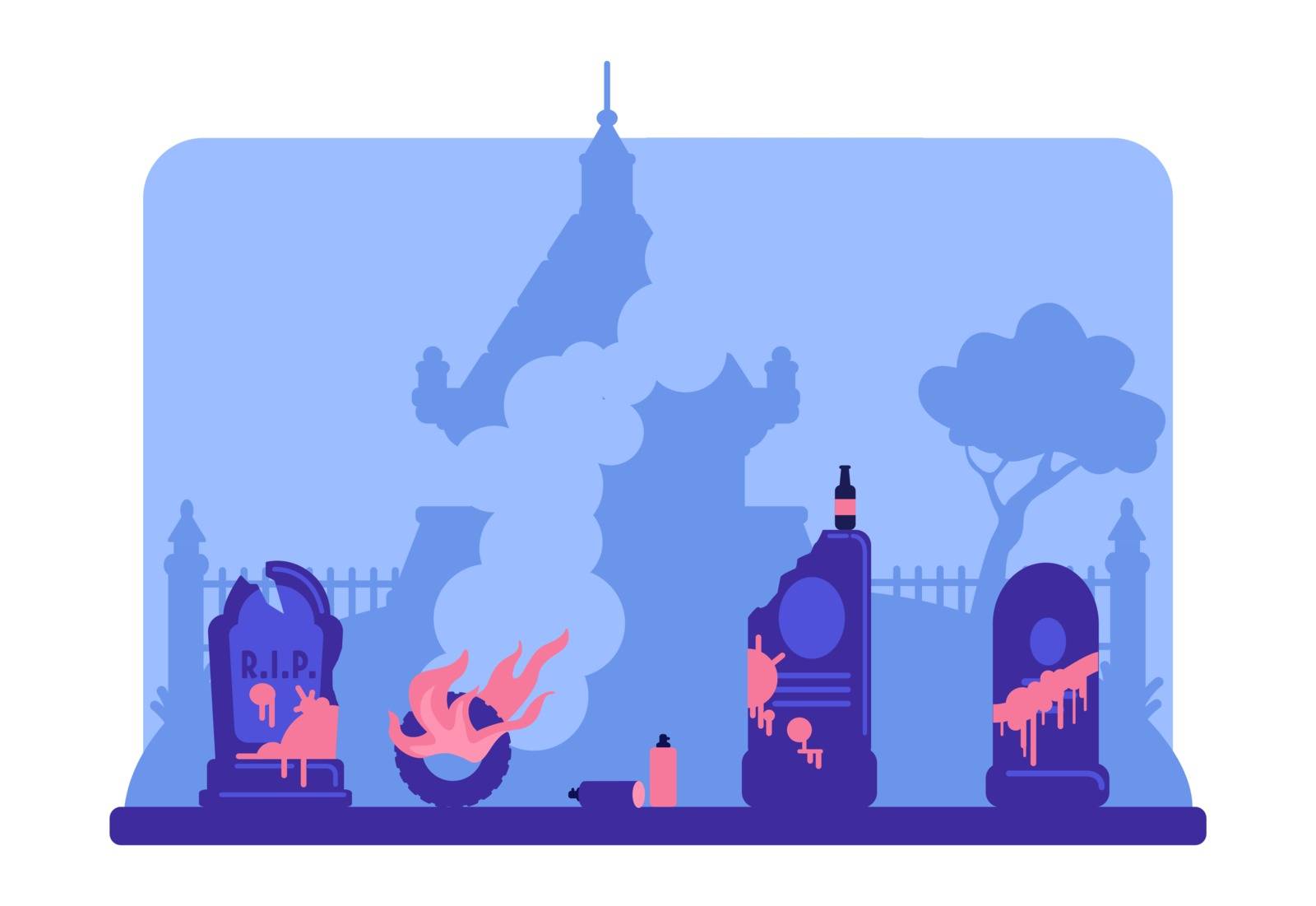 Vandalism flat color vector illustration. Broken tombstones in paint. Contaminated cemetery. Graveyard 2D cartoon landscape with burning gravestone and trees on background