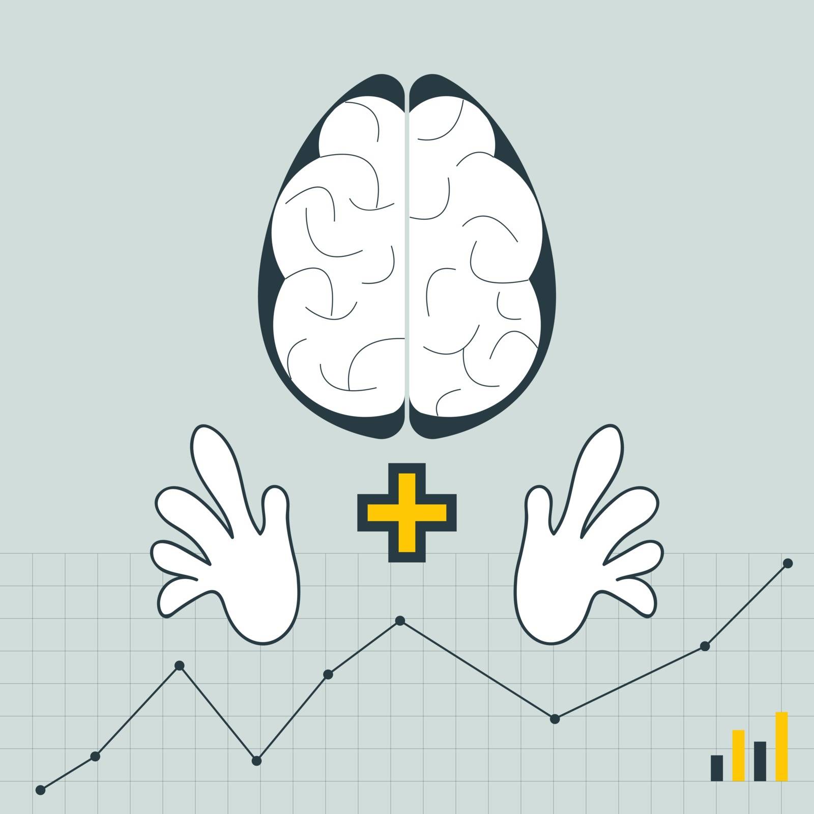 Brain and hand symbol on line graph background. Depiction of thinking and doing. Make it visible concept. Vector Illustration.