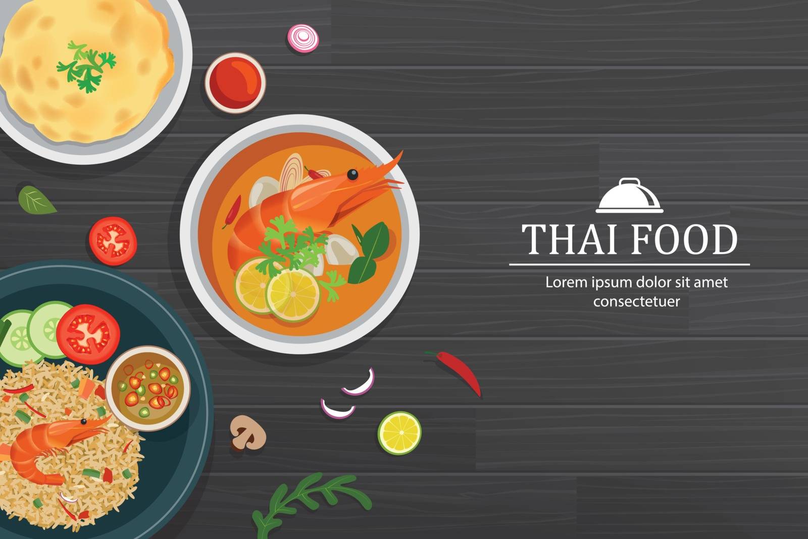 Tom yum kung in the bowl on black wood table top view. Thailand  by kaisorn