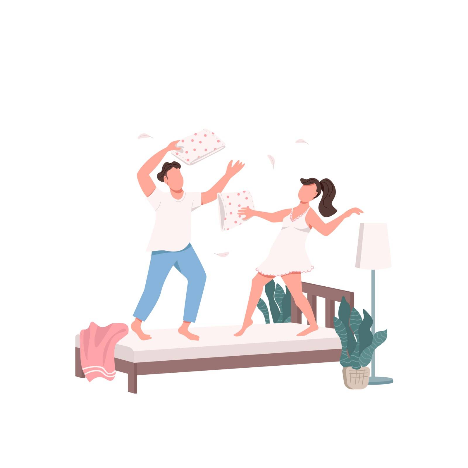 Happy playful couple leisure activity flat color vector faceless characters. Pillow fight. Young wife and husband having fun together isolated cartoon illustration for web graphic design and animation