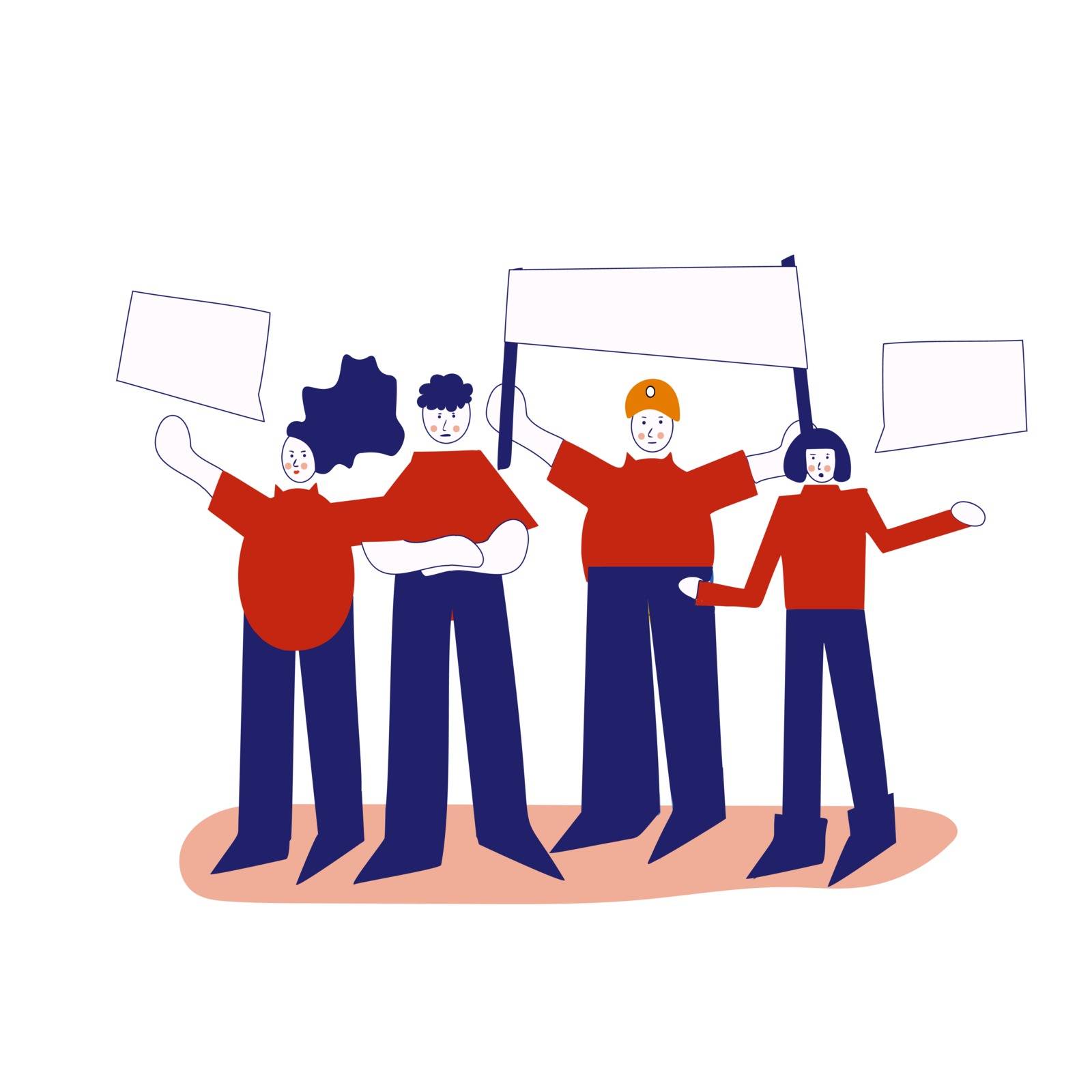 a crowd of workers, including men and women, are standing with signs and banners. Vector illustration in constructivism style by zaryov