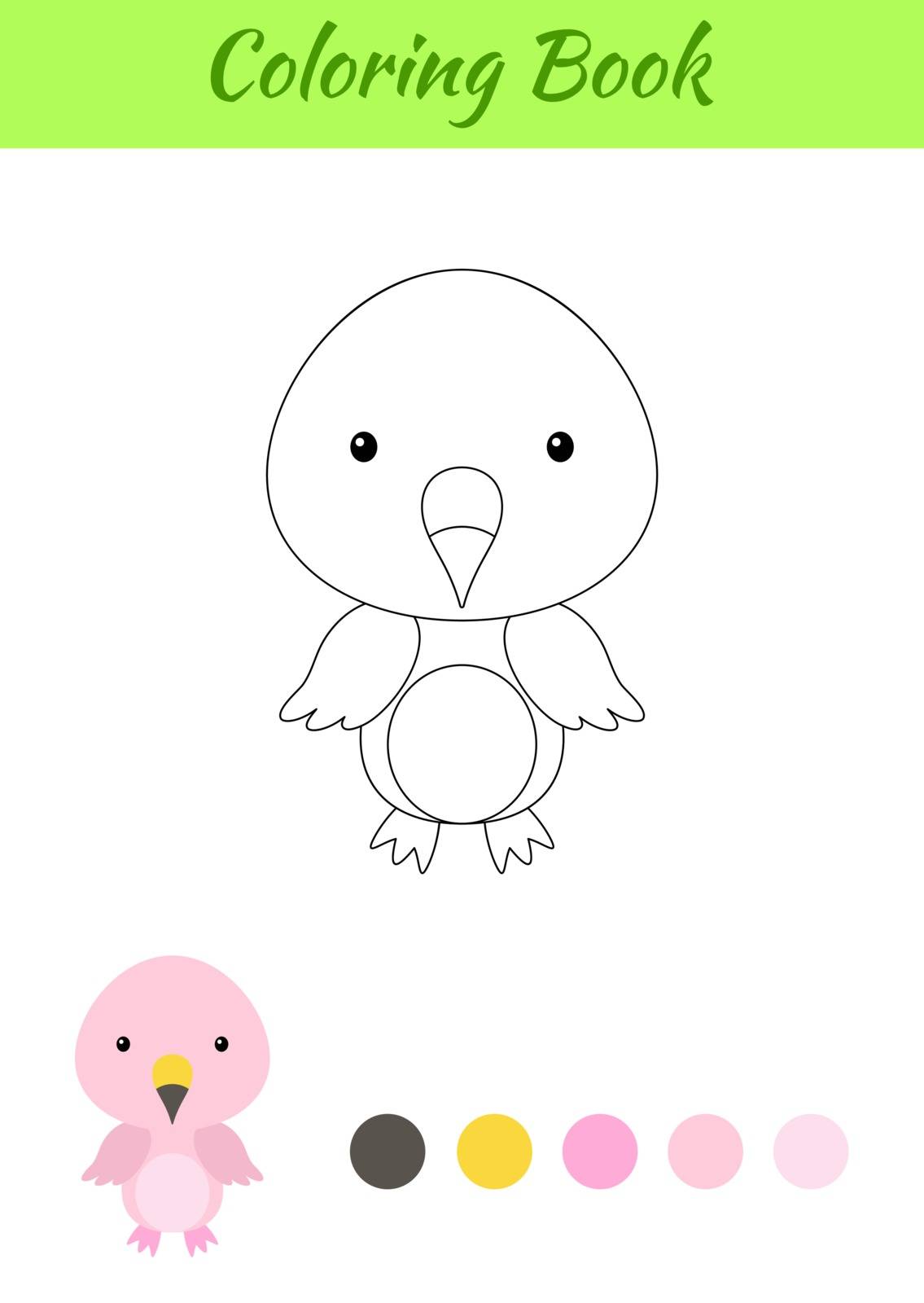 Coloring page happy little baby flamingo. Printable coloring book for kids. Educational activity for kindergarten and preschool with cute animal. Flat cartoon colorful vector illustration.