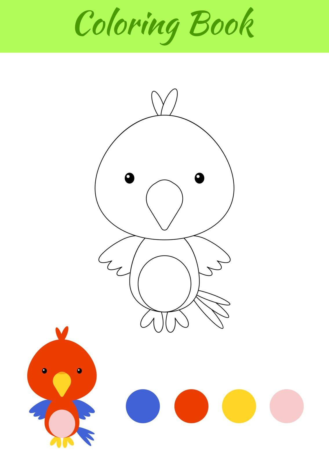 Coloring page happy little baby parrot. Printable coloring book for kids. Educational activity for kindergarten and preschool with cute animal. Flat cartoon colorful vector illustration.
