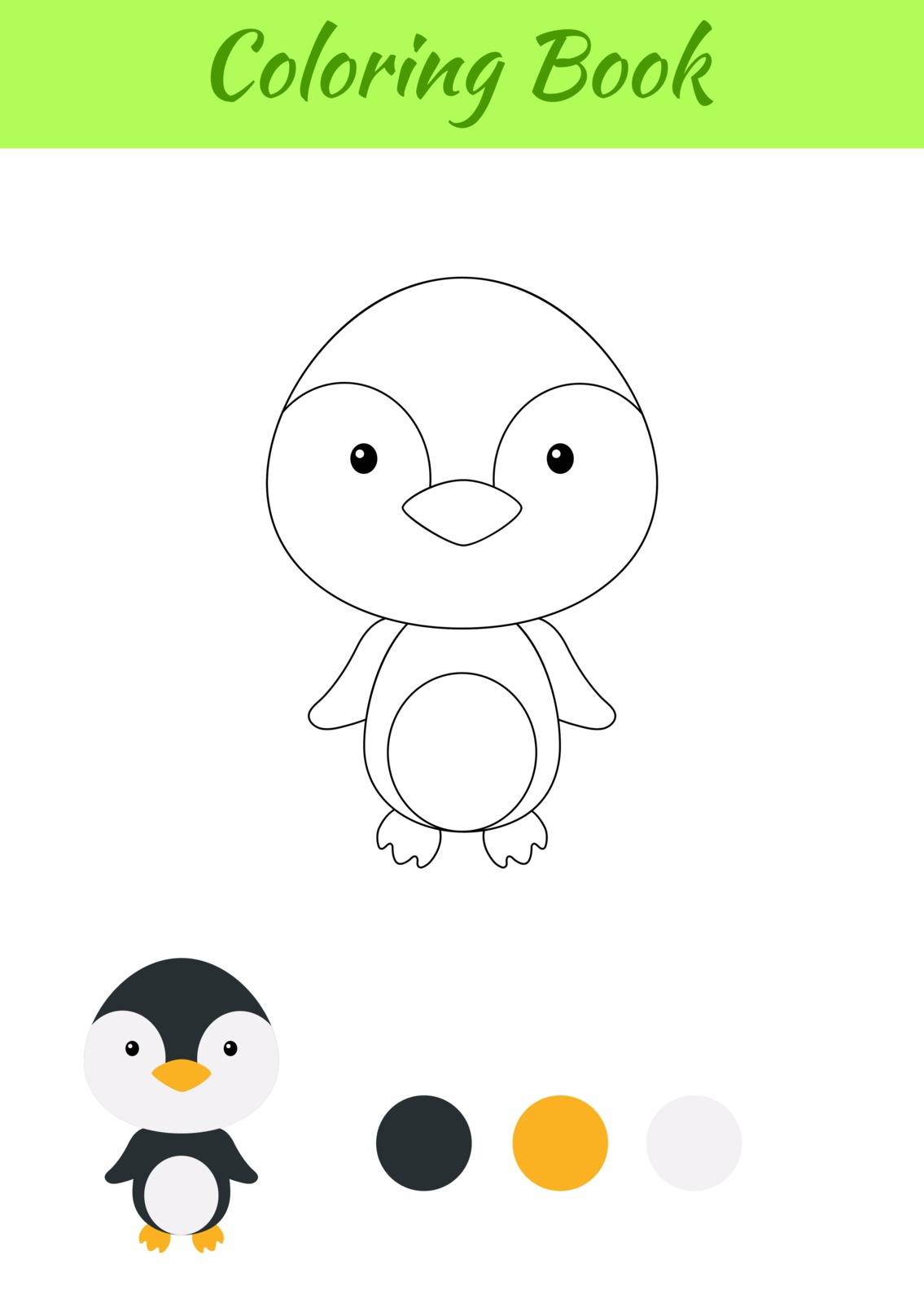 Coloring page happy little baby penguin. Printable coloring book for kids. Educational activity for kindergarten and preschool with cute animal. Flat cartoon colorful vector illustration.