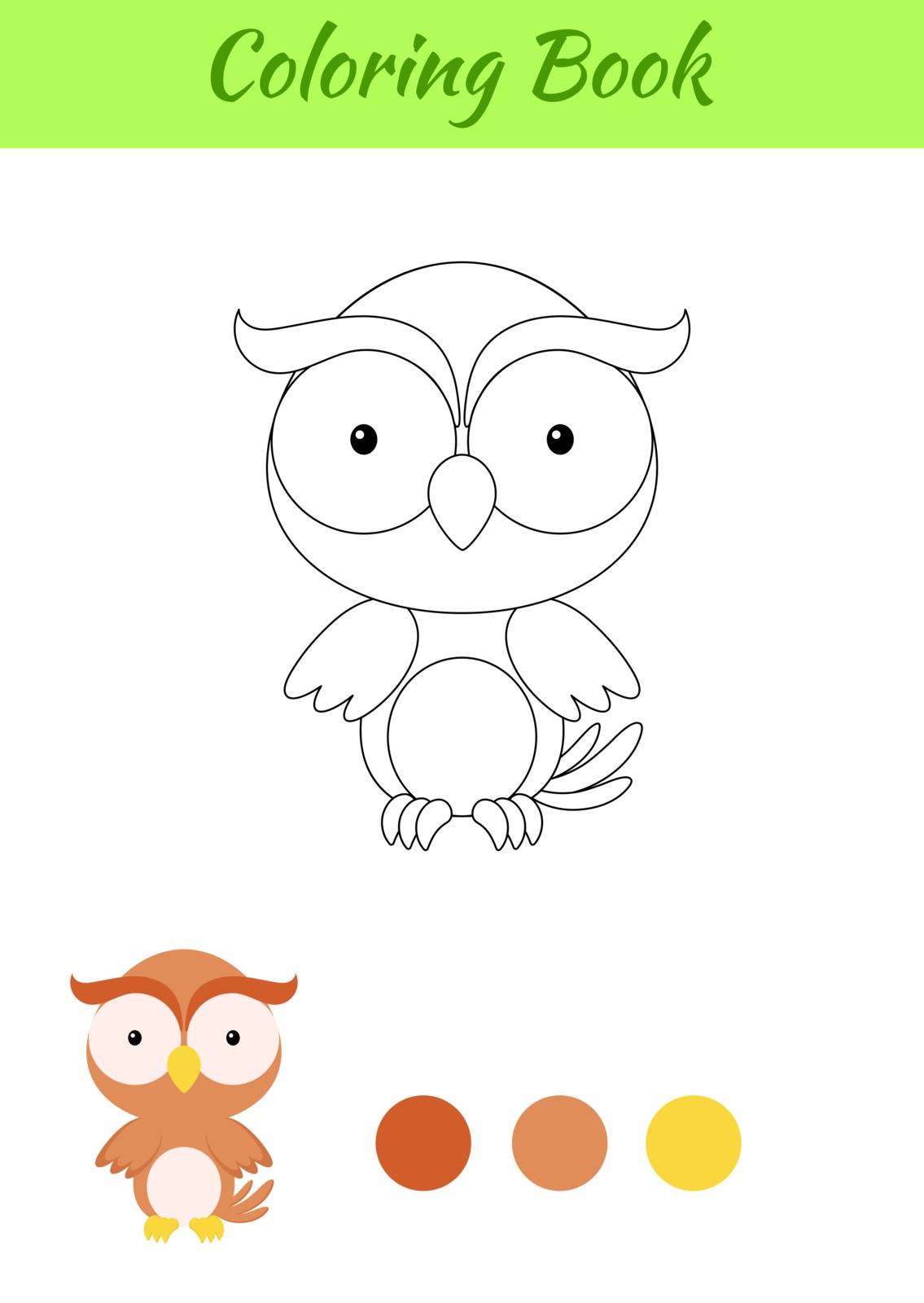Coloring page happy little baby owl. Printable coloring book for kids. Educational activity for kindergarten and preschool with cute animal. Flat cartoon colorful vector illustration.