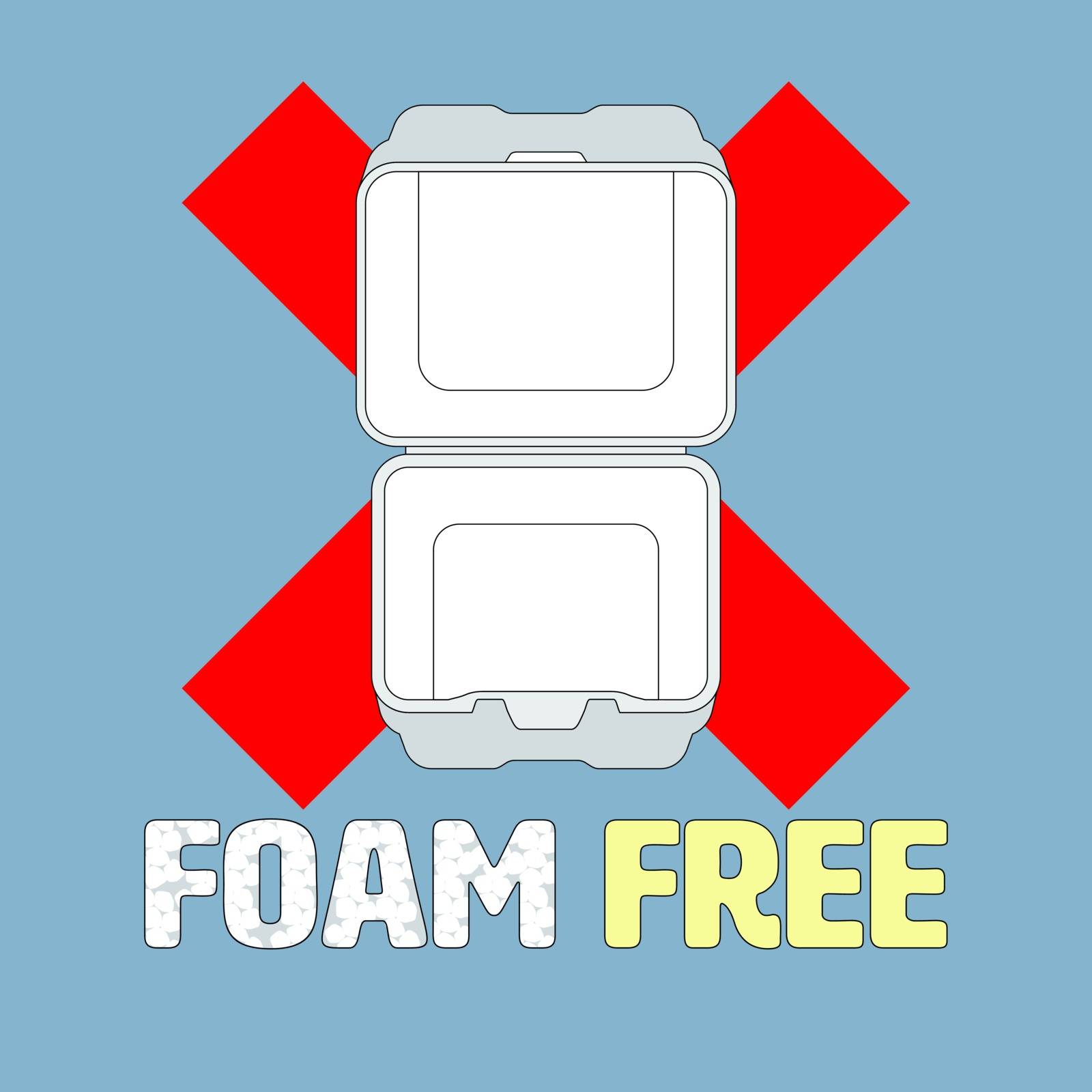 Ban cross symbol and outline flat icon of styrofoam container with foam beads typographic design. Foam free concept. Vector illustration.