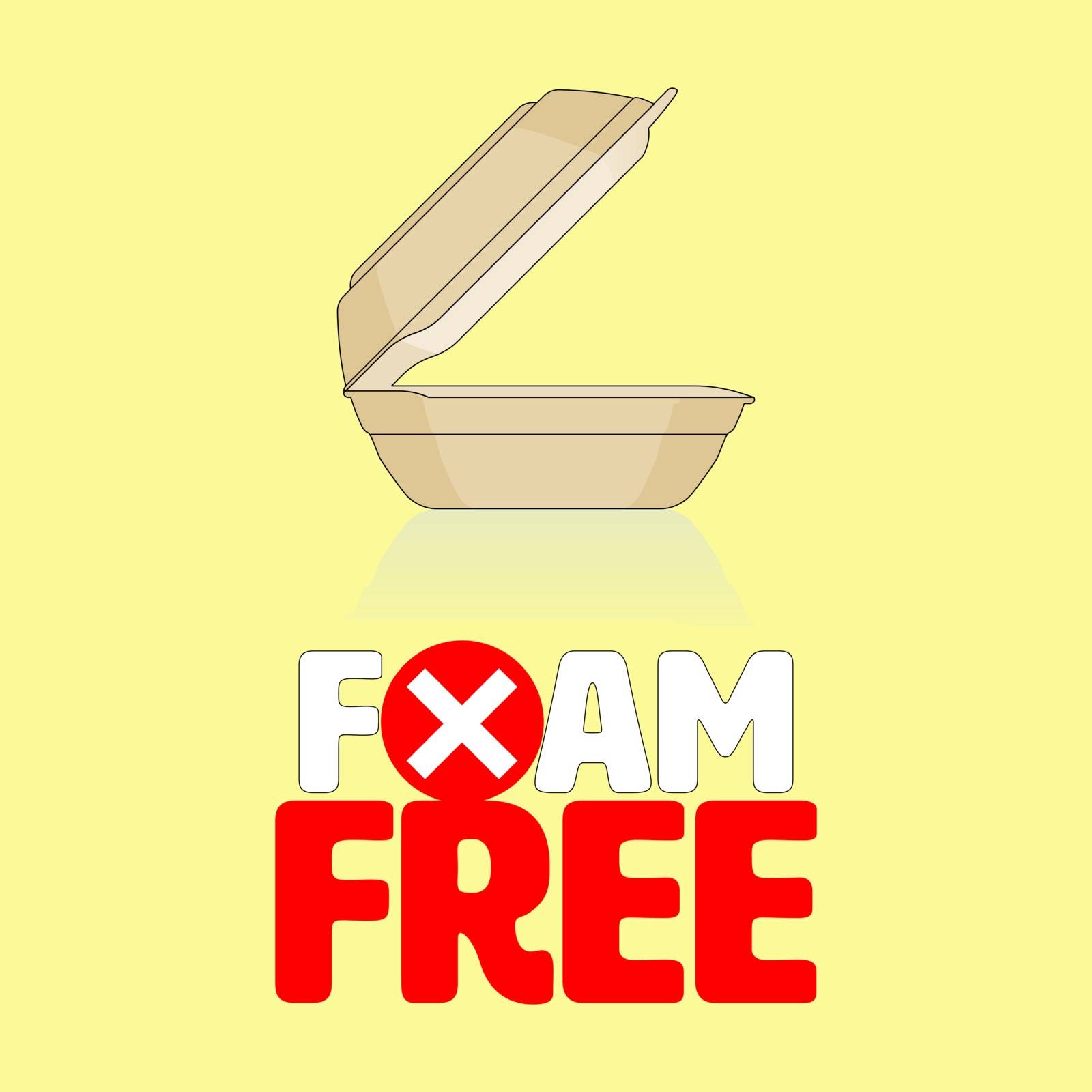 Outline flat icon of styrofoam container with ban cross symbol gimmick typographic design. Foam free concept. Vector illustration.
