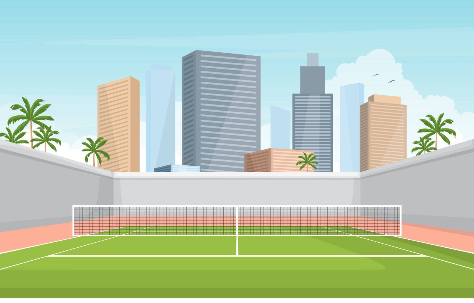 Outdoor Tennis Court Sport Game Recreation Cartoon City Landscape