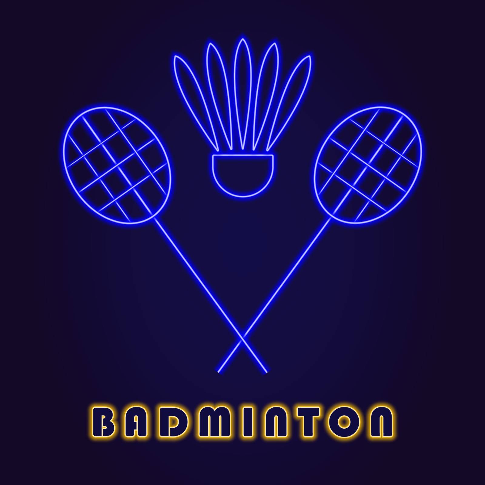Neon illumination of badminton. Bright racket shuttlecock. Modern vector logo, icon, banner, shield, screen, image labels, baminton. Night advertising on the background of a brick wall by Helenshi