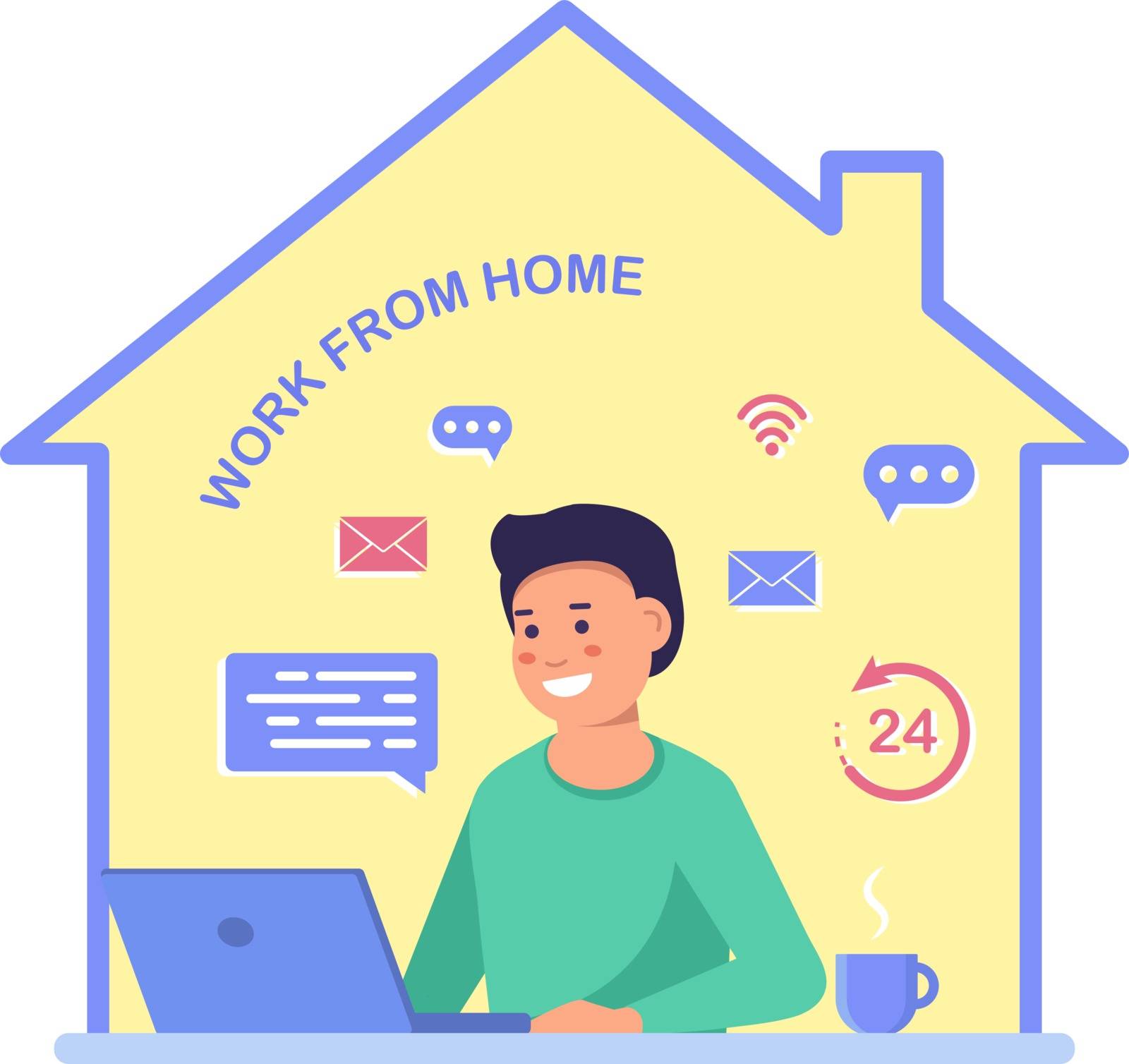Work from home. Freelance Business man at his desk is working on the laptop computer. Vector illustration in flat style by Helenshi
