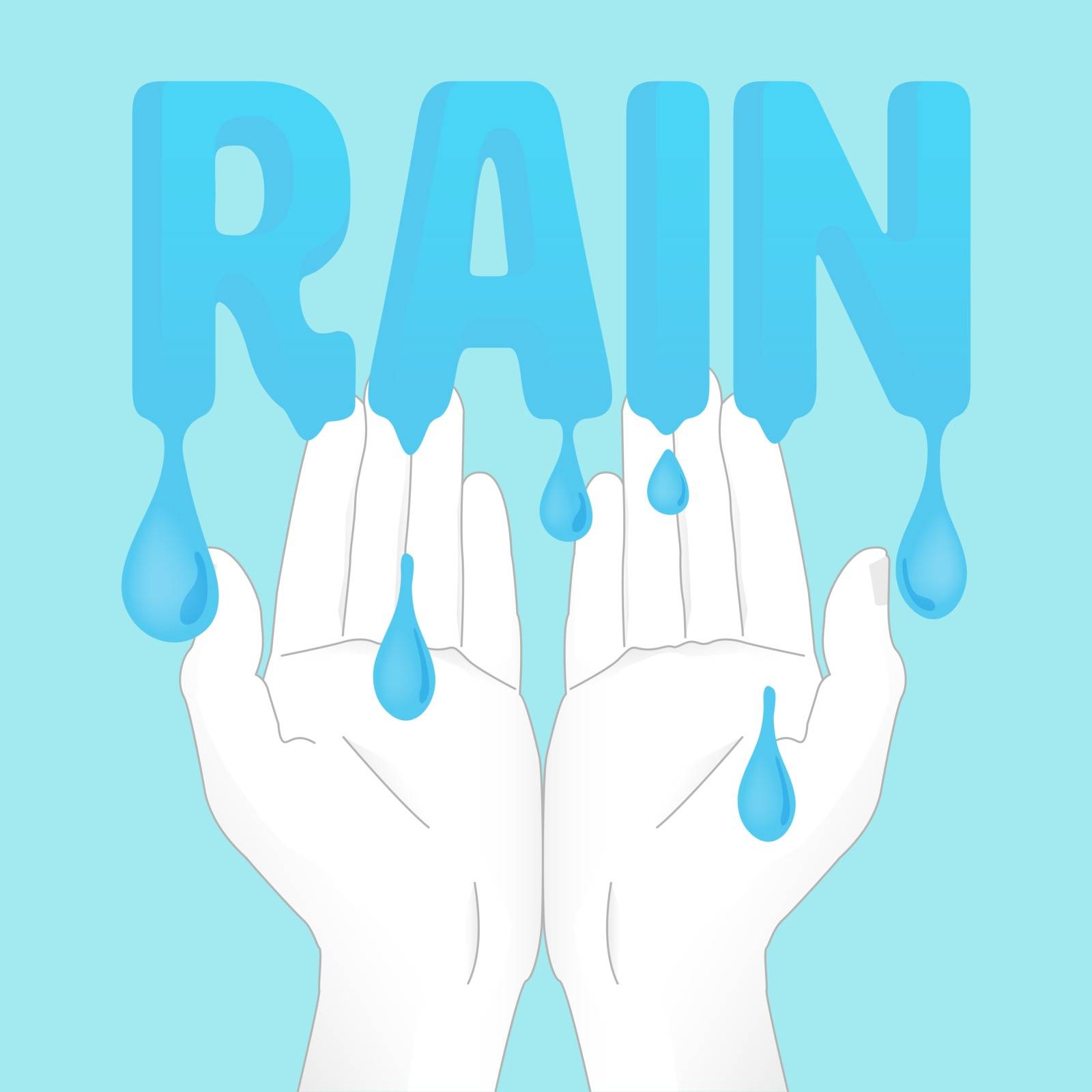 Rain typographic design with hand harvesting raindrops. Rainwater harvest concept. Vector  illustration.