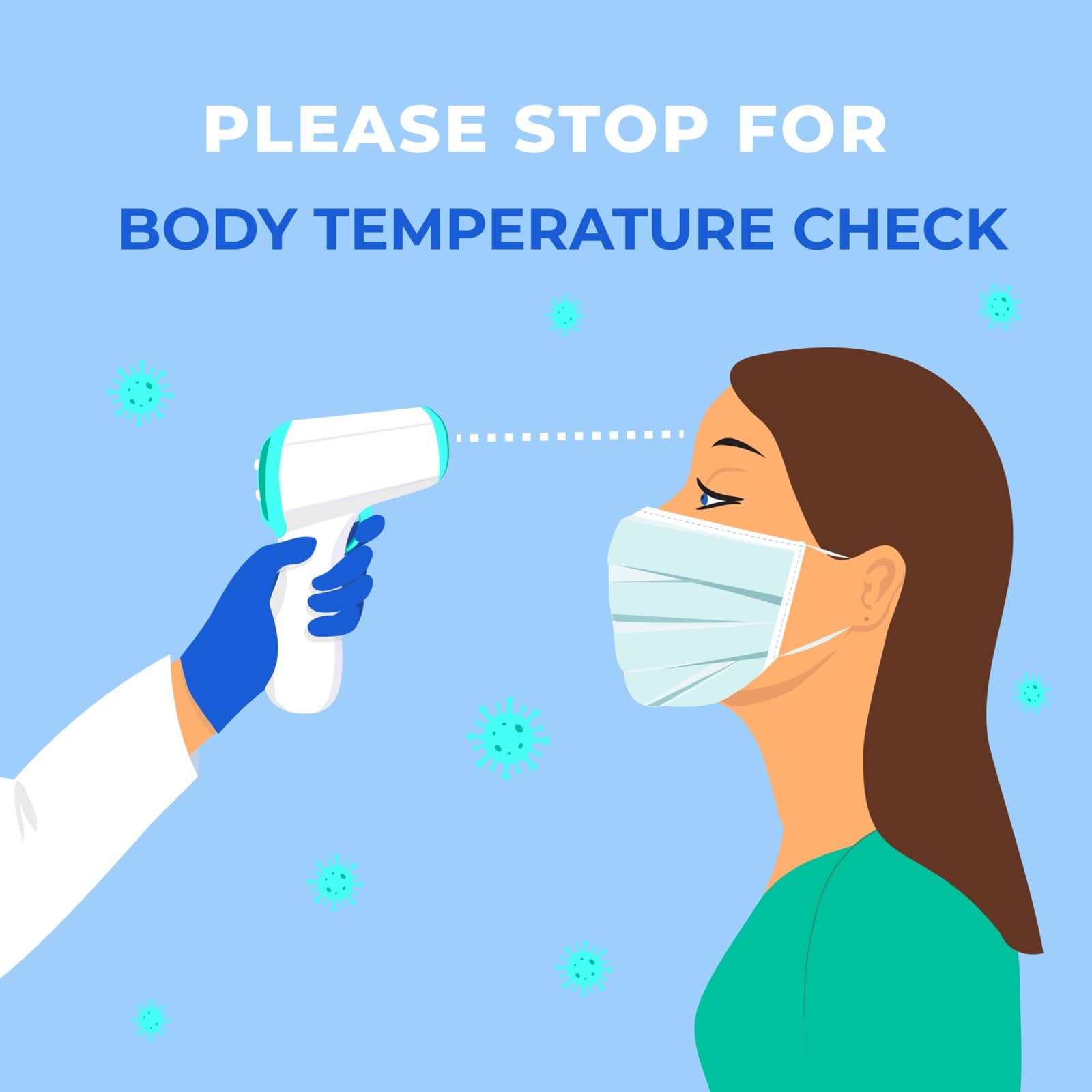 Fever check. Body temperature check required banner during Covid-19 Outbreak. Coronavirus pandemic prevention. Woman measuring body temperature and wearing a face mask vector illustration.