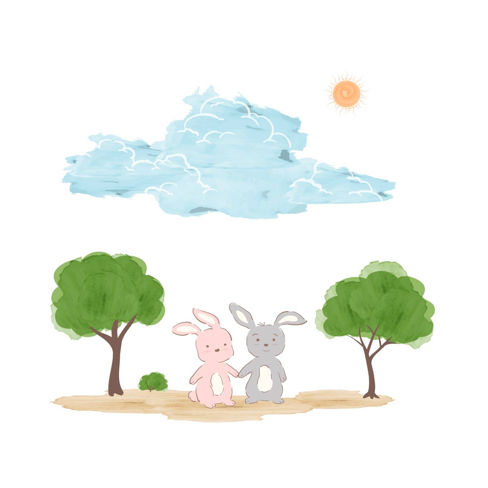 Springtime concept in watercolor technique,adorable rabbits on sunshine day by PIMPAKA