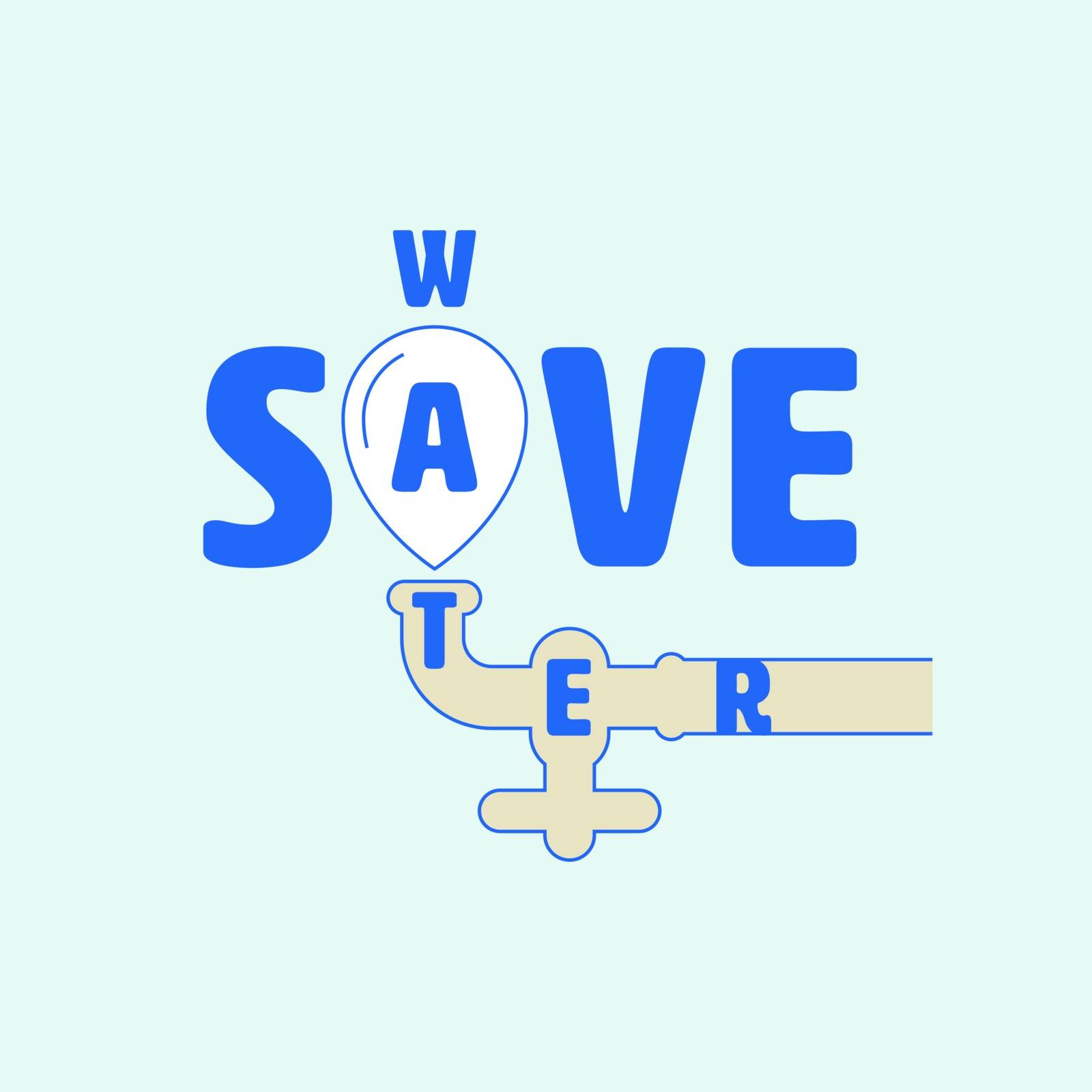 Save water typographic design with upside down water drop and tap as a gimmick. Water conservation concept. Vector illustration.