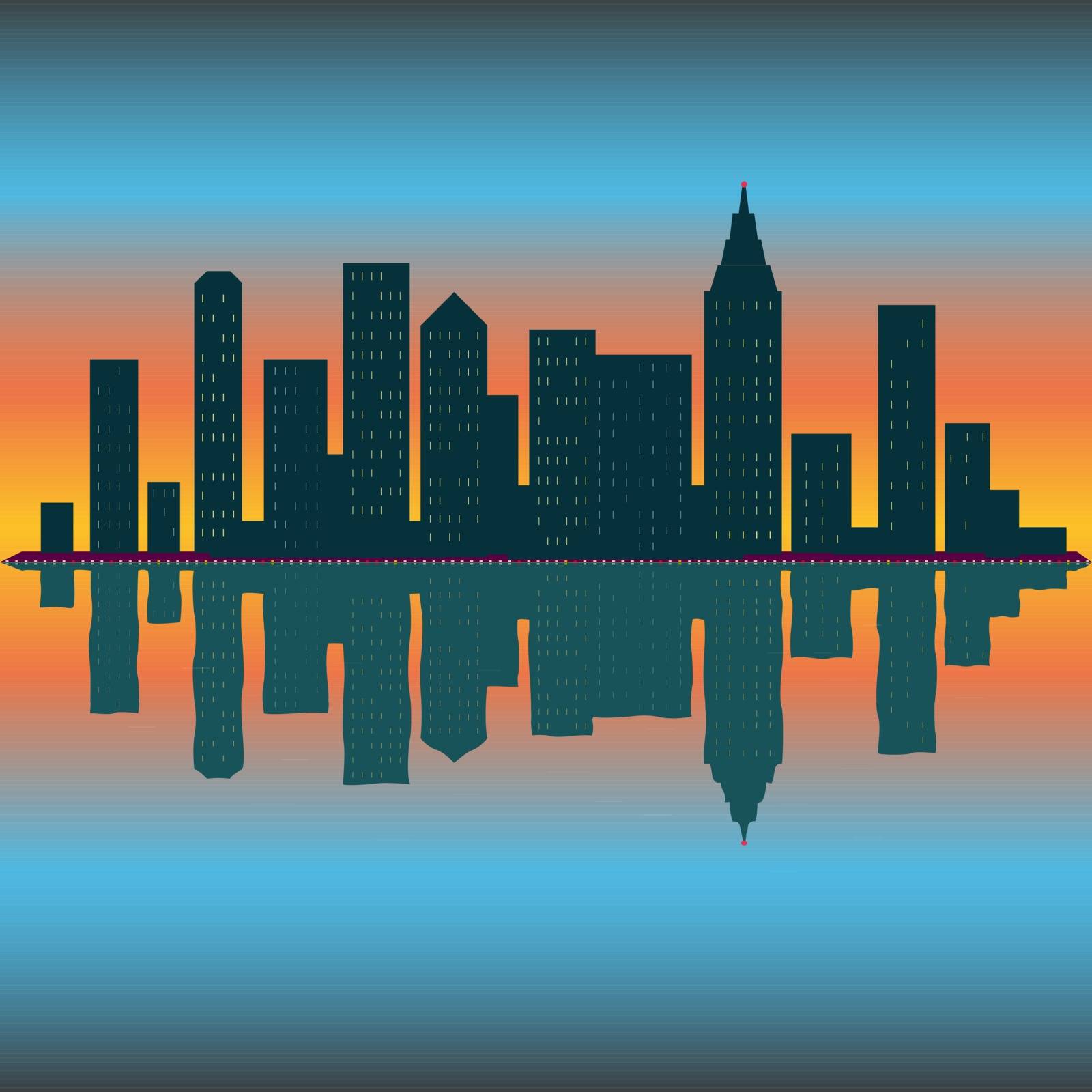 Skyline wallpaper with skyscrapers in sunset or sunrise. Eps10 vector illustration. by Zhukow