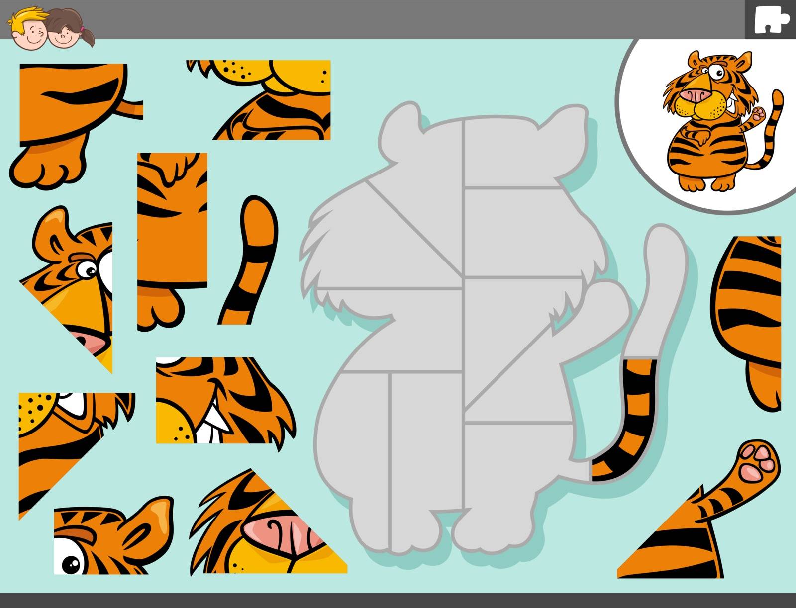 Cartoon Illustration of Educational Jigsaw Puzzle Game for Children with Tiger Animal Character