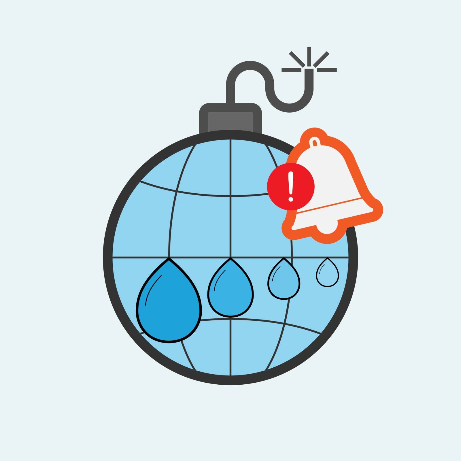 Time bomb concept. Water risk metaphor. Raise public awareness of water crisis. Water scarcity, water stress alert symbol. Vector illustration flat design style.