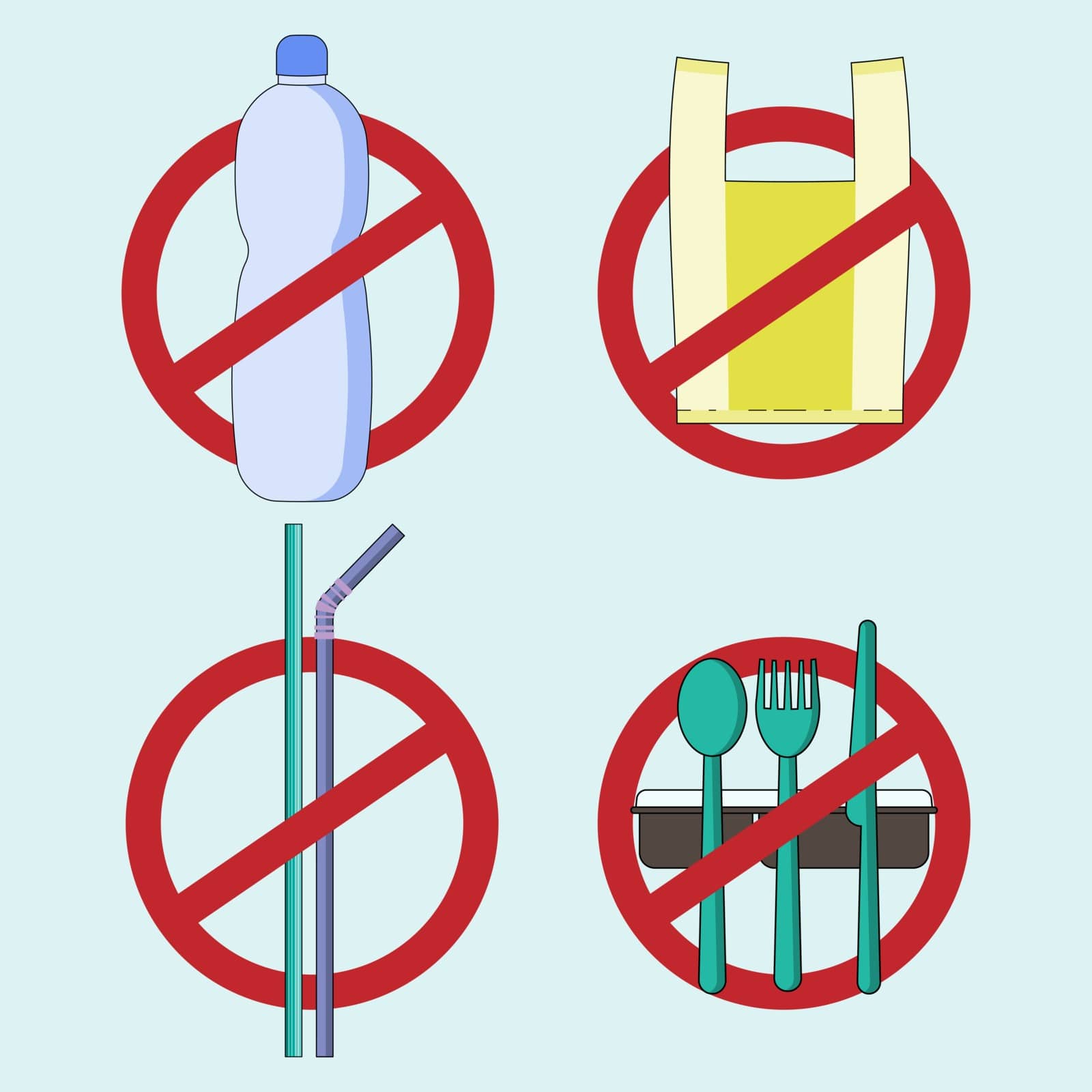 Stop using single-use plastic concept. Refuse and reduce plastic waste metaphor. No symbols of disposable plastic product. Vector illustration outline flat design style.