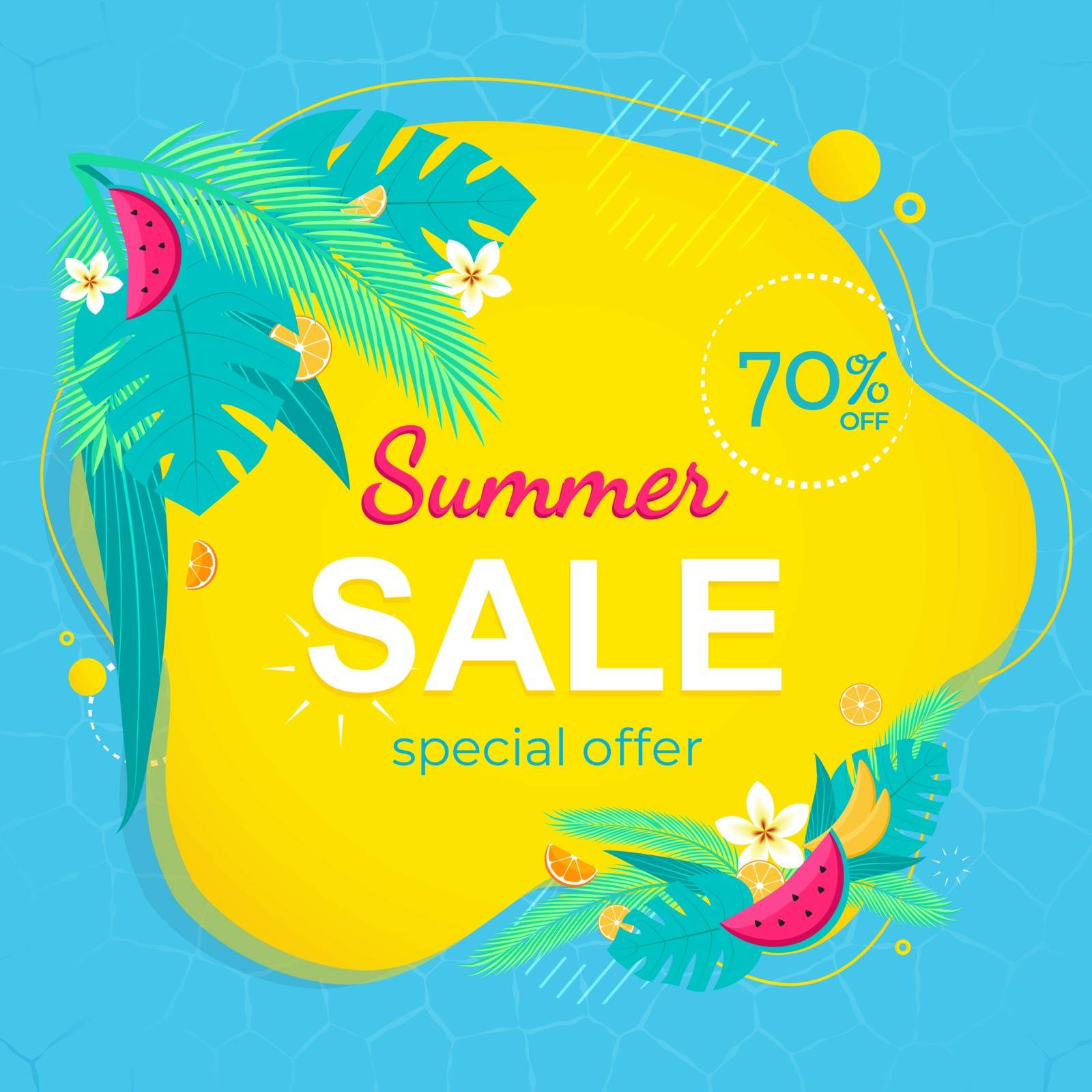 Summer sale banner template. Summer abstract geometric background with palm leaves, tropical fruits. Tropical background. Promo badge for your seasonal design. Vector illustration. Design for social media banner, poster, email, newsletter, ad, leaflet, placard, brochure, flyer, web sticker