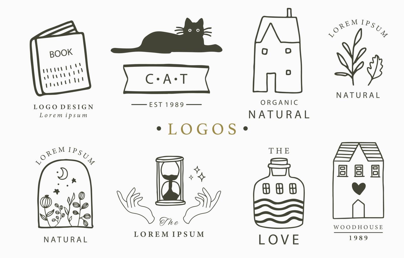 Beauty occult logo collection with hand, flower,house,cat,book.Vector illustration for icon,logo,sticker,printable and tattoo