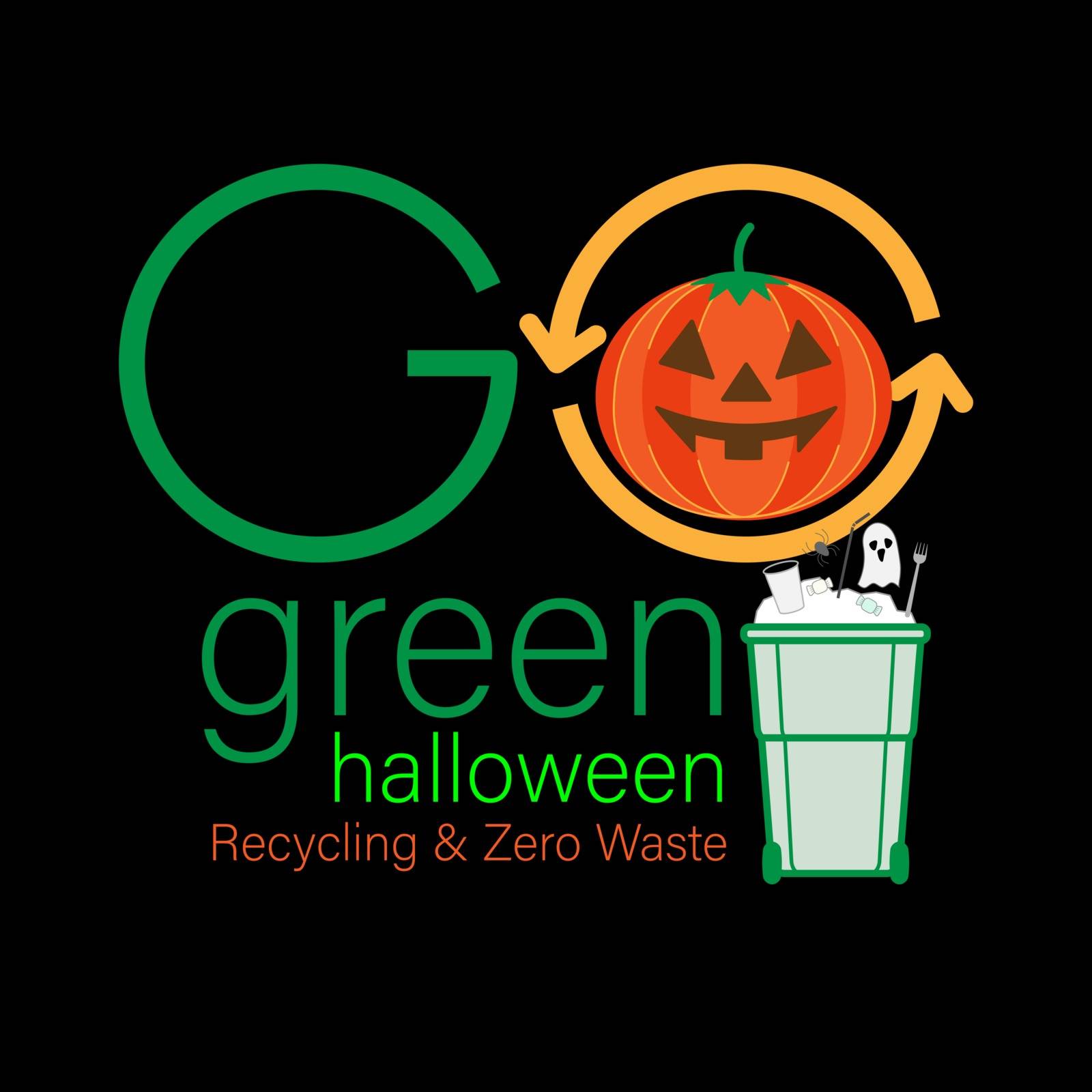 Go green halloween typographic design. Finding way to reduce waste by recycling. Celebrate in sustainable style. Vector illustration outline flat design style.