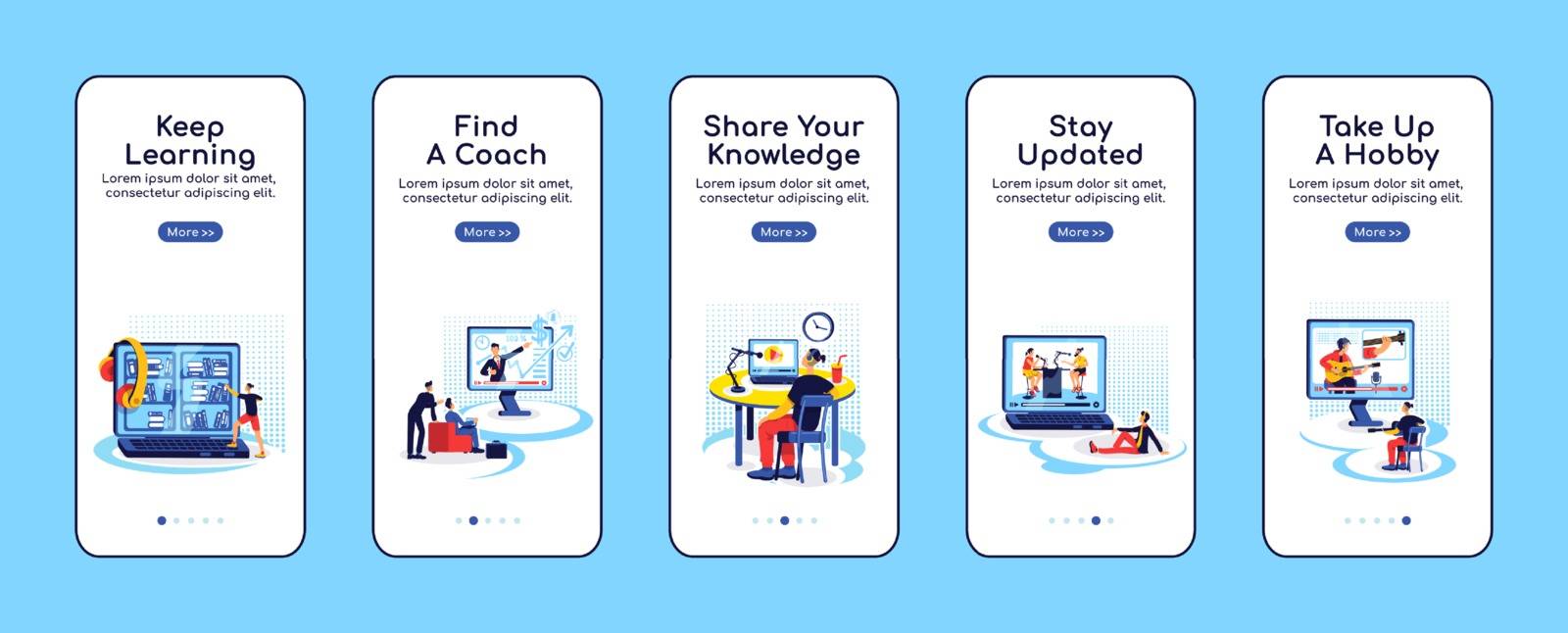 Online education onboarding mobile app screen flat vector template. Stay updated. Share knowledge. Walkthrough website steps with characters. UX, UI, GUI smartphone cartoon interface, case prints set