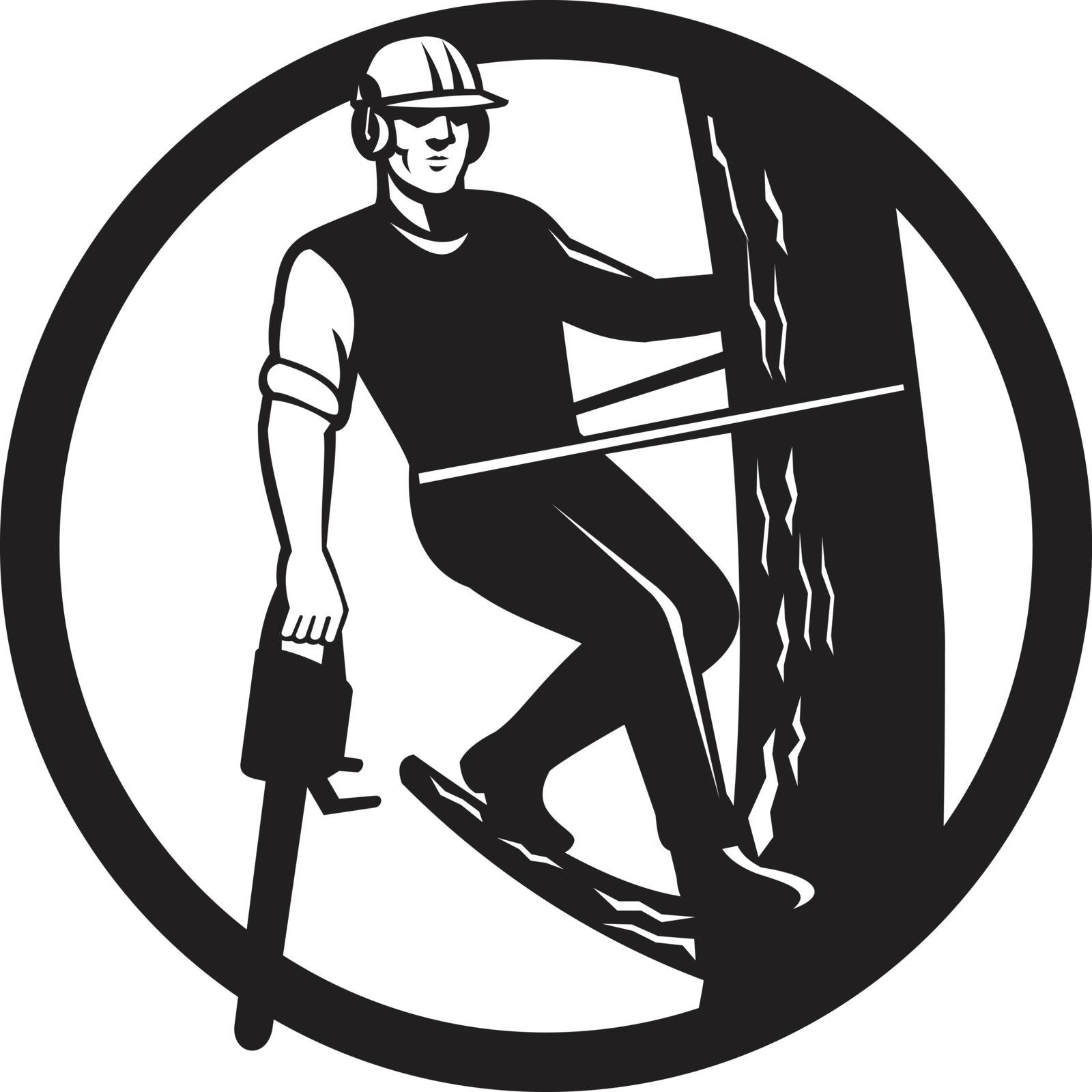 Tree Surgeon or Arborist With Chainsaw Trimming Tree Black and White Retro by patrimonio
