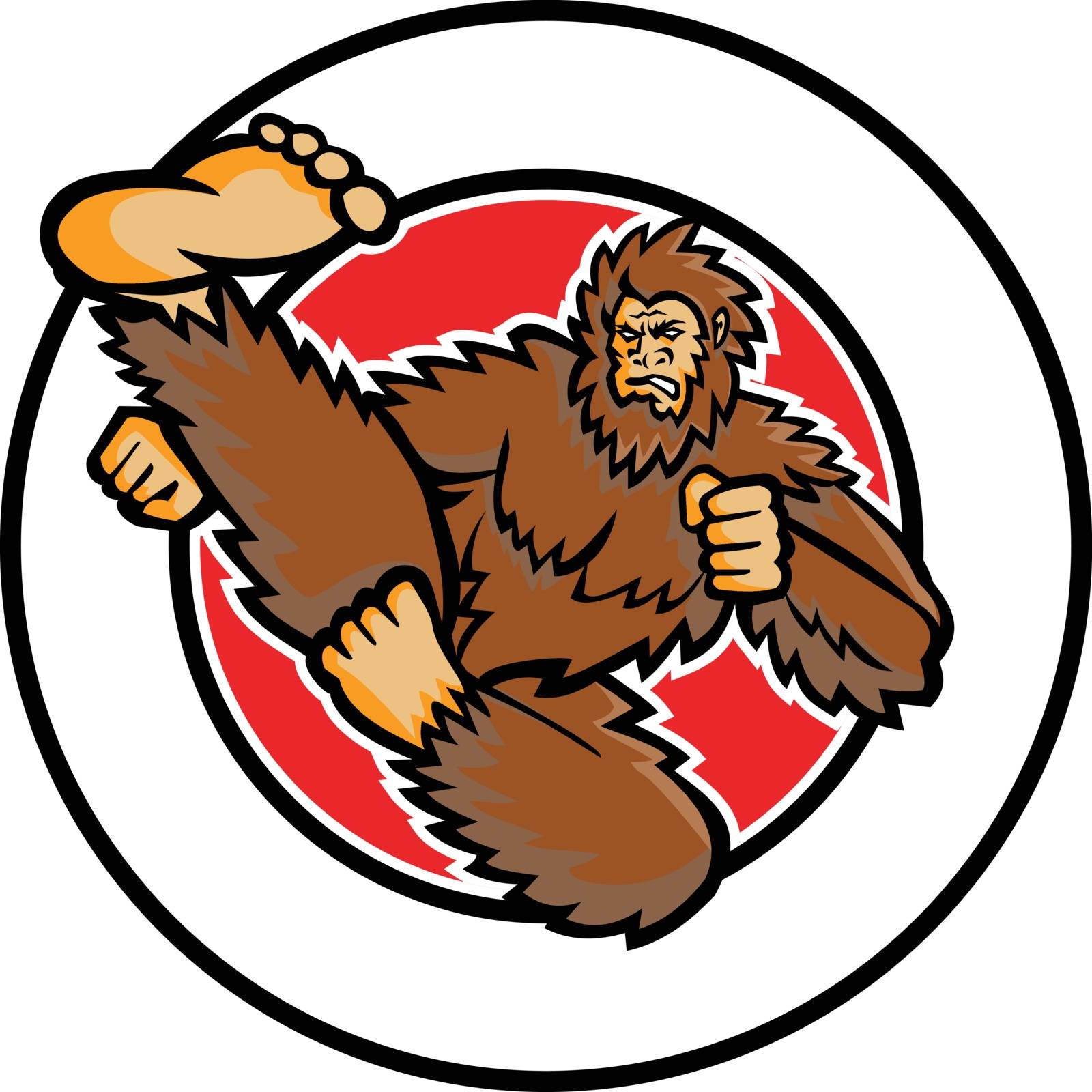Mascot icon illustration of a Bigfoot or Sasquatch, a hairy ape like creature, doing a taekwondo Martial arts flying kick and kicking set inside circle on isolated background in retro style.