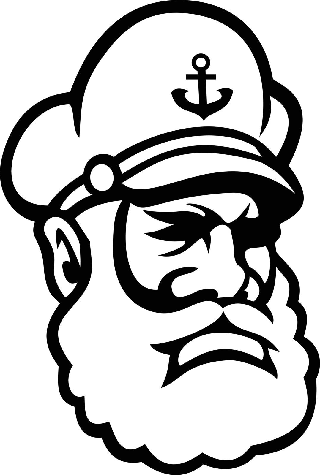 Mascot icon illustration of head of a black skipper or sea captain, ship's captain, captain, master, or shipmaster, a mariner in command of merchant isolated background in retro black and white style.