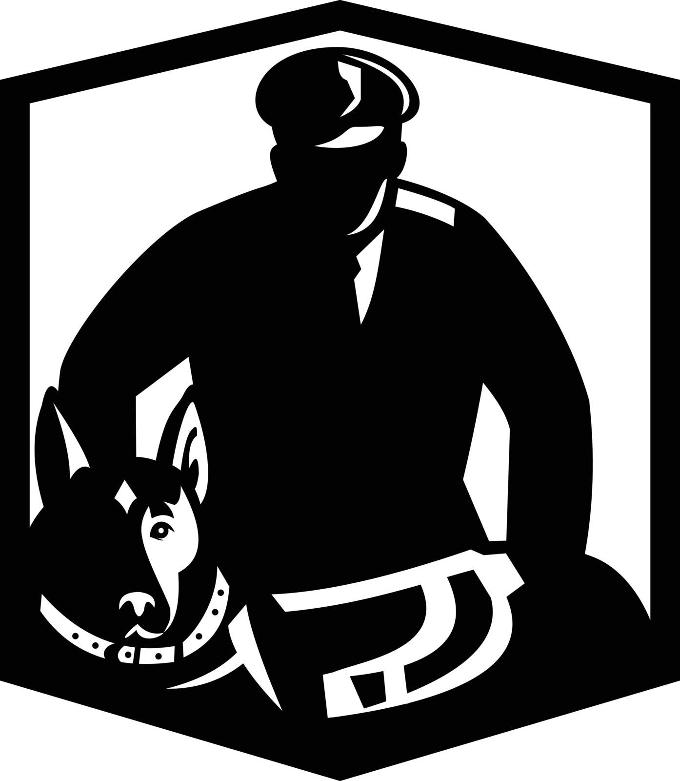 Illustration of a Canine Security Guard policeman police officer with police dog with facing front set inside shield crest on isolated background done in retro badge Black and White style.
