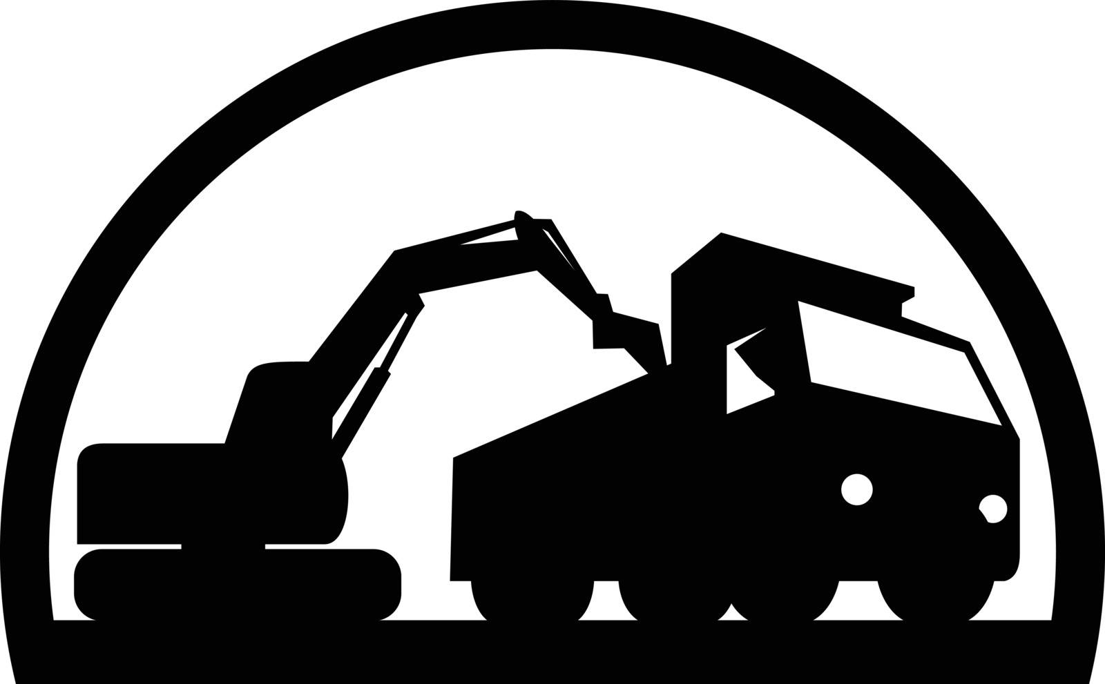Black and White Illustration of a mechanical digger excavator earthmover loading a dump truck viewed from low angle set inside circle done in retro style, 