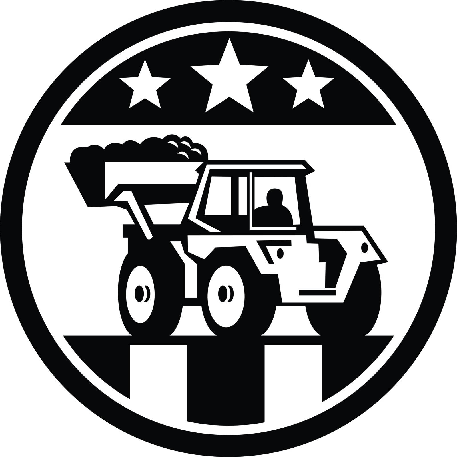 Icon retro style illustration of vintage mechanical digger excavator with USA American stars and stripes flag inside circle on isolated background in Black and White.
