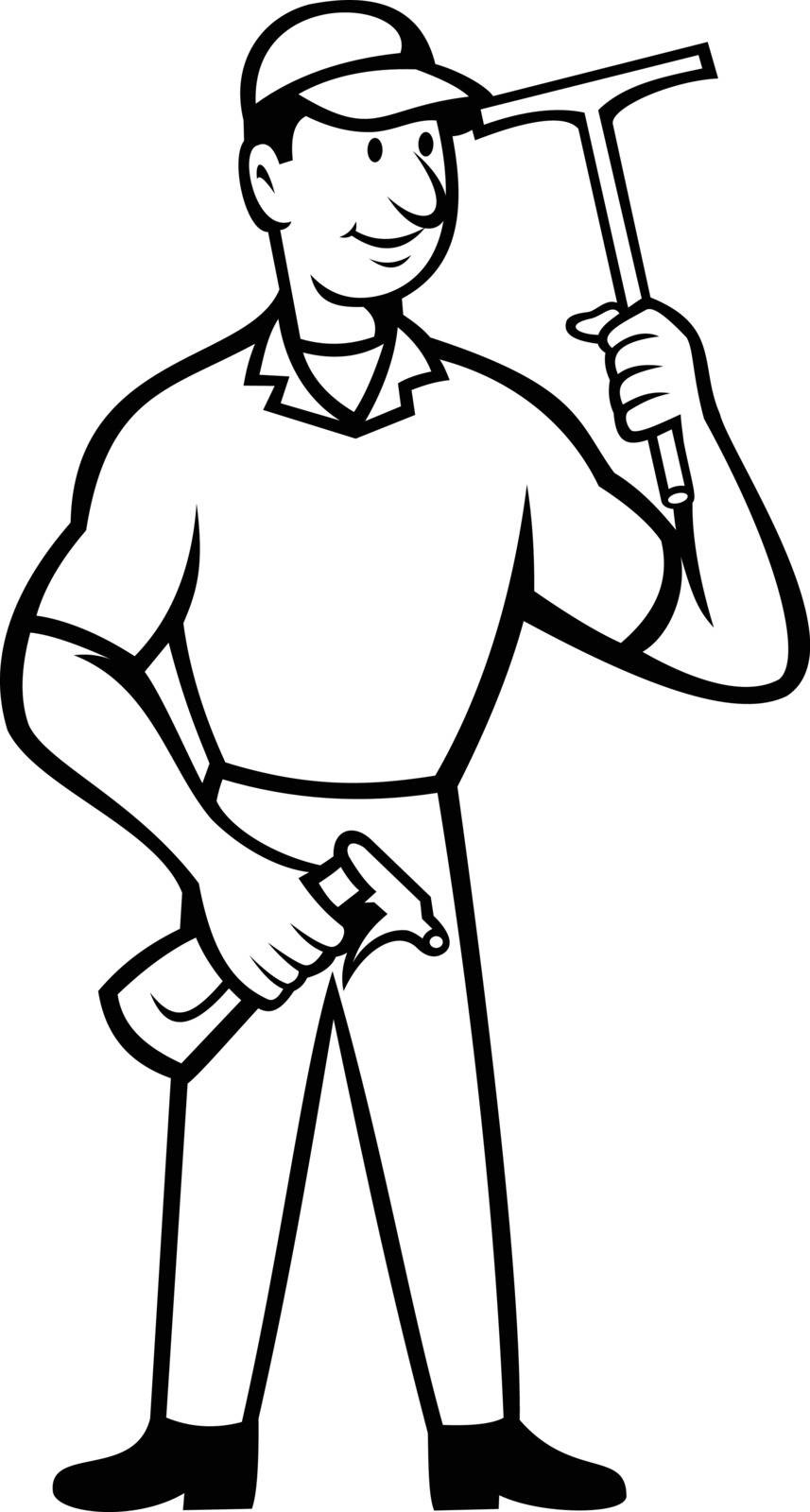 Black and white illustration of window cleaner with squeegee and spray bottle on isolated background done in cartoon style.