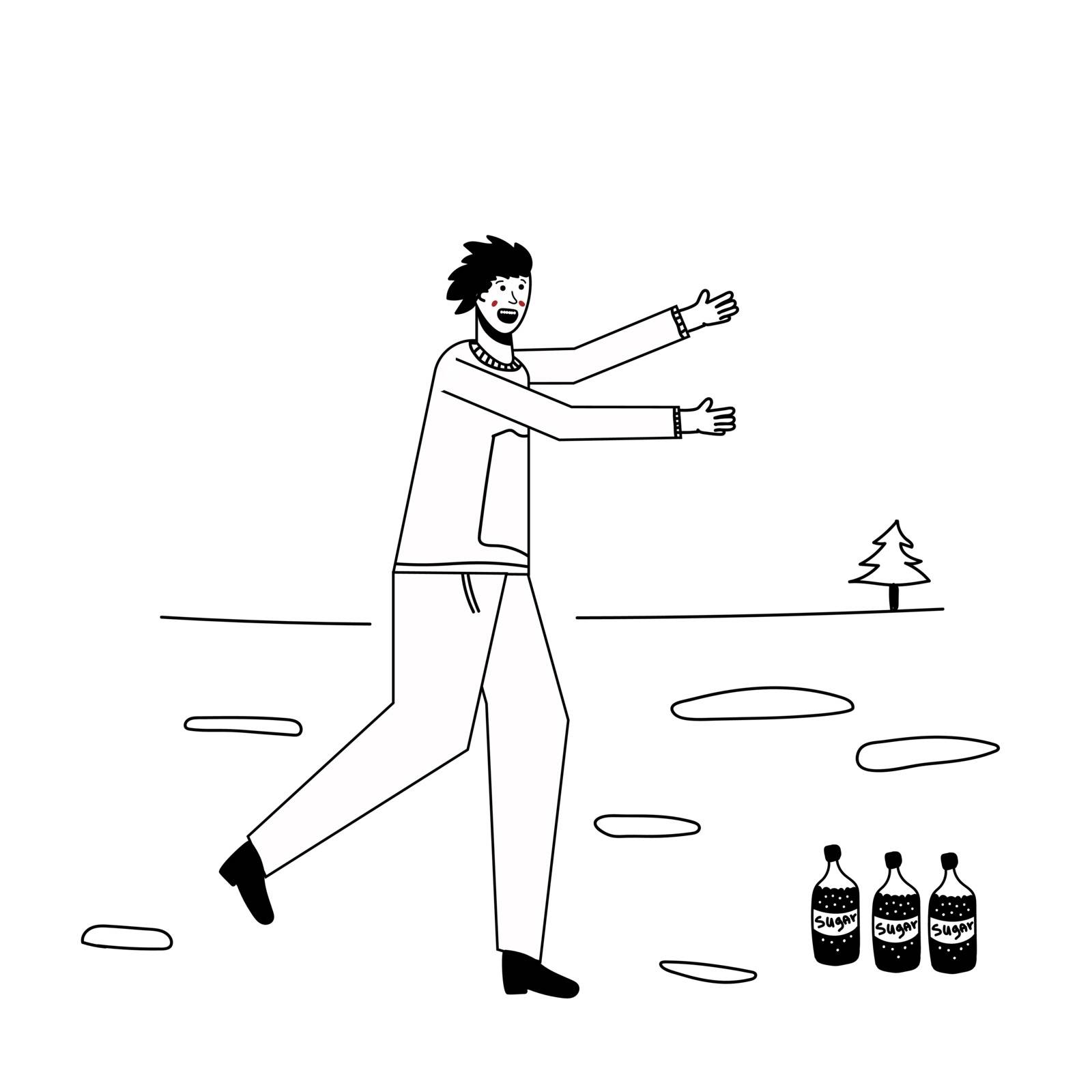 Soda addiction concept illustration. The man runs to the soda bottles. An unhealthy lifestyle, unhealthy diet, and a sweet tooth. Vector illustration. Lines