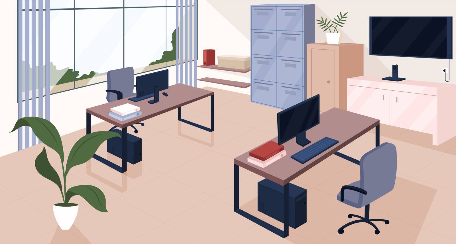 Coworking space flat color vector illustration. Modern open space office, cozy business office 2D cartoon interior design with furniture on background. Shared corporate workplace decor
