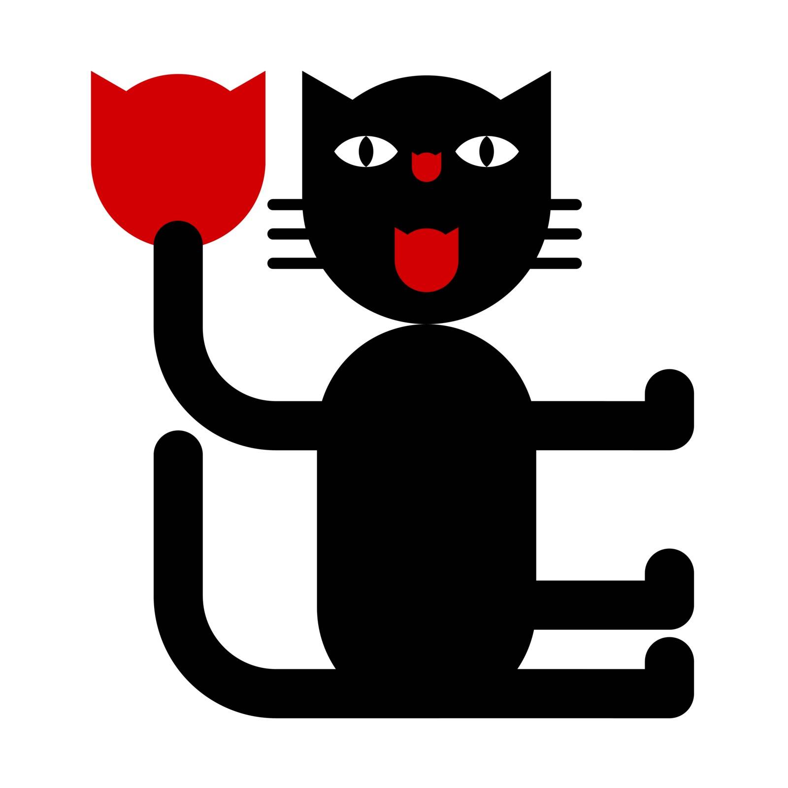 Cat with tulip. Vector graphic in geometric, playful and humorous style on isolated background.