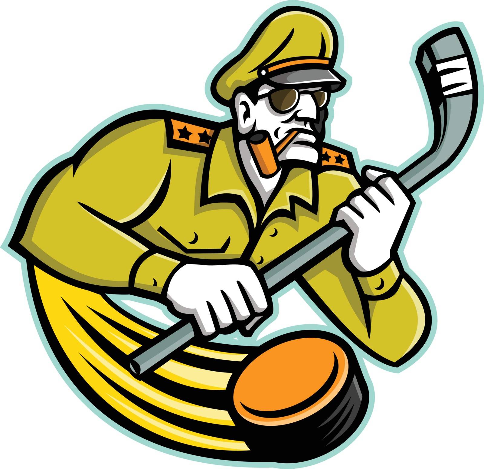 Mascot icon illustration of bust of a military army general holding an ice hockey stick viewed from front on isolated background in retro style.
